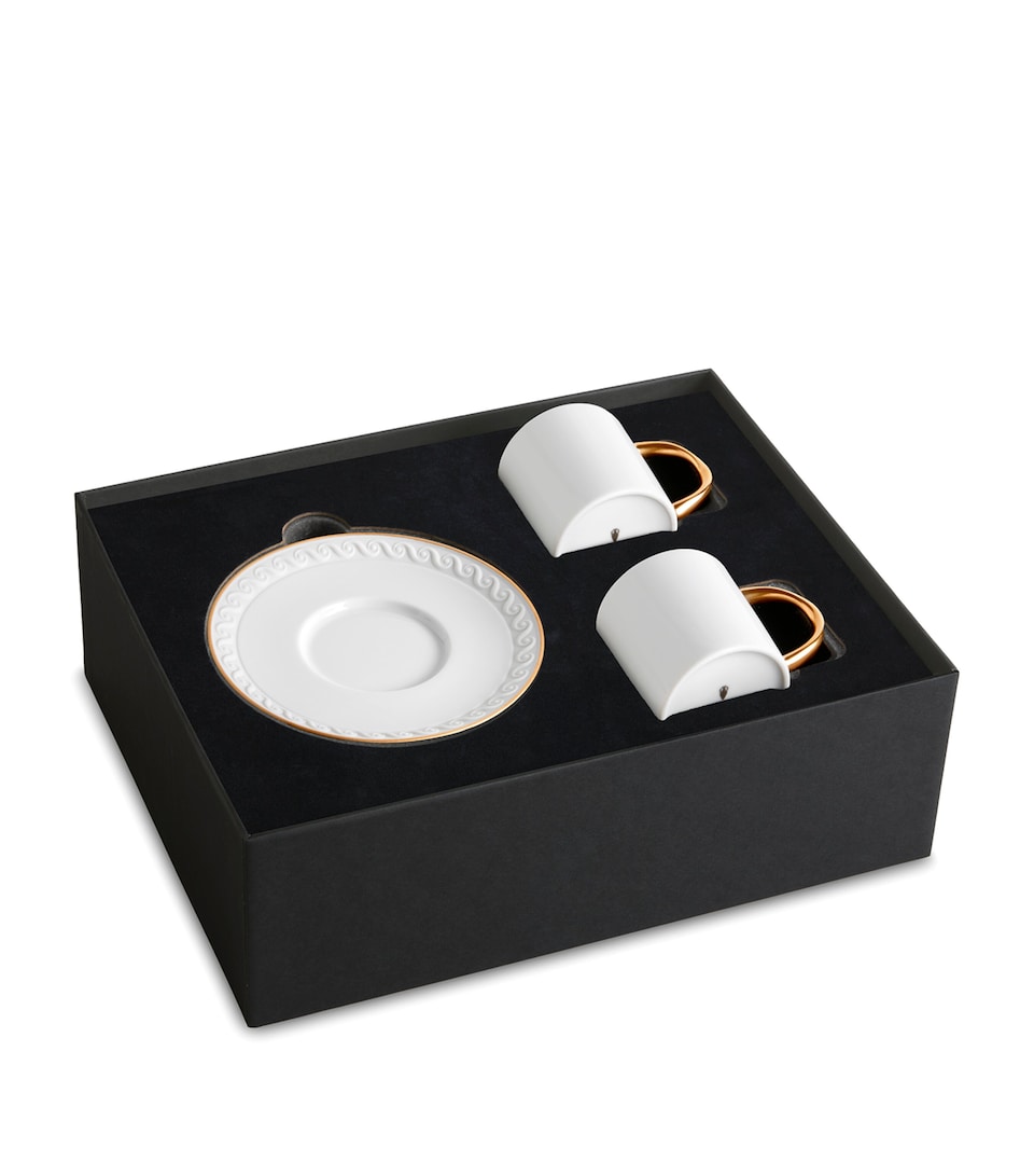 L'Objet Set of 2 Porcelain and Gold Neptune Espresso Cup and Saucers Gold