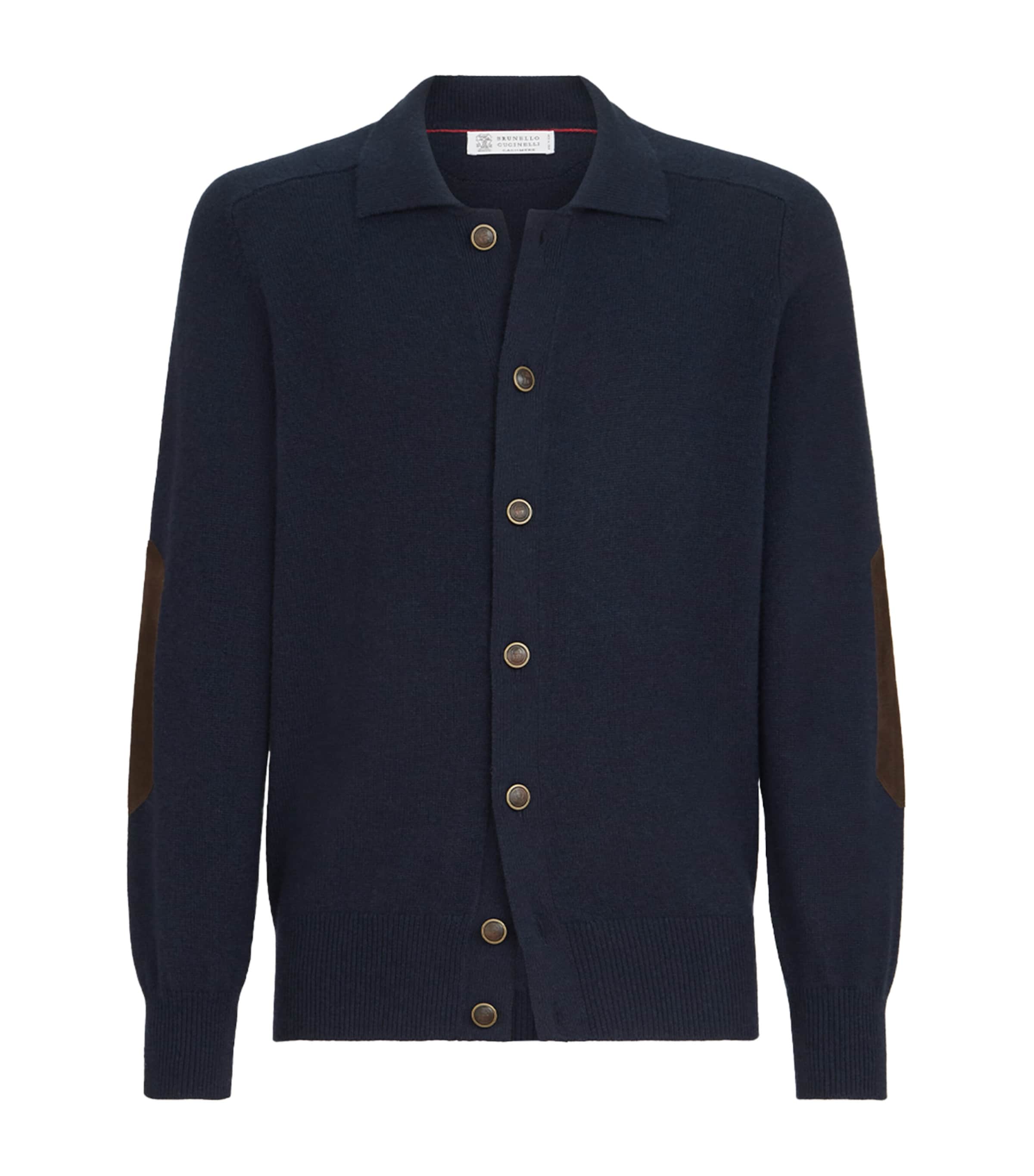 Brunello Cucinelli Mens Cashmere Suede-Trim Cardigan Navy