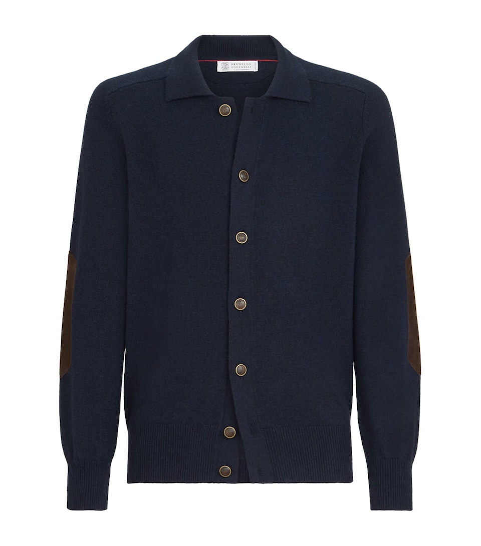 Brunello Cucinelli Mens Cashmere Suede-Trim Cardigan Navy