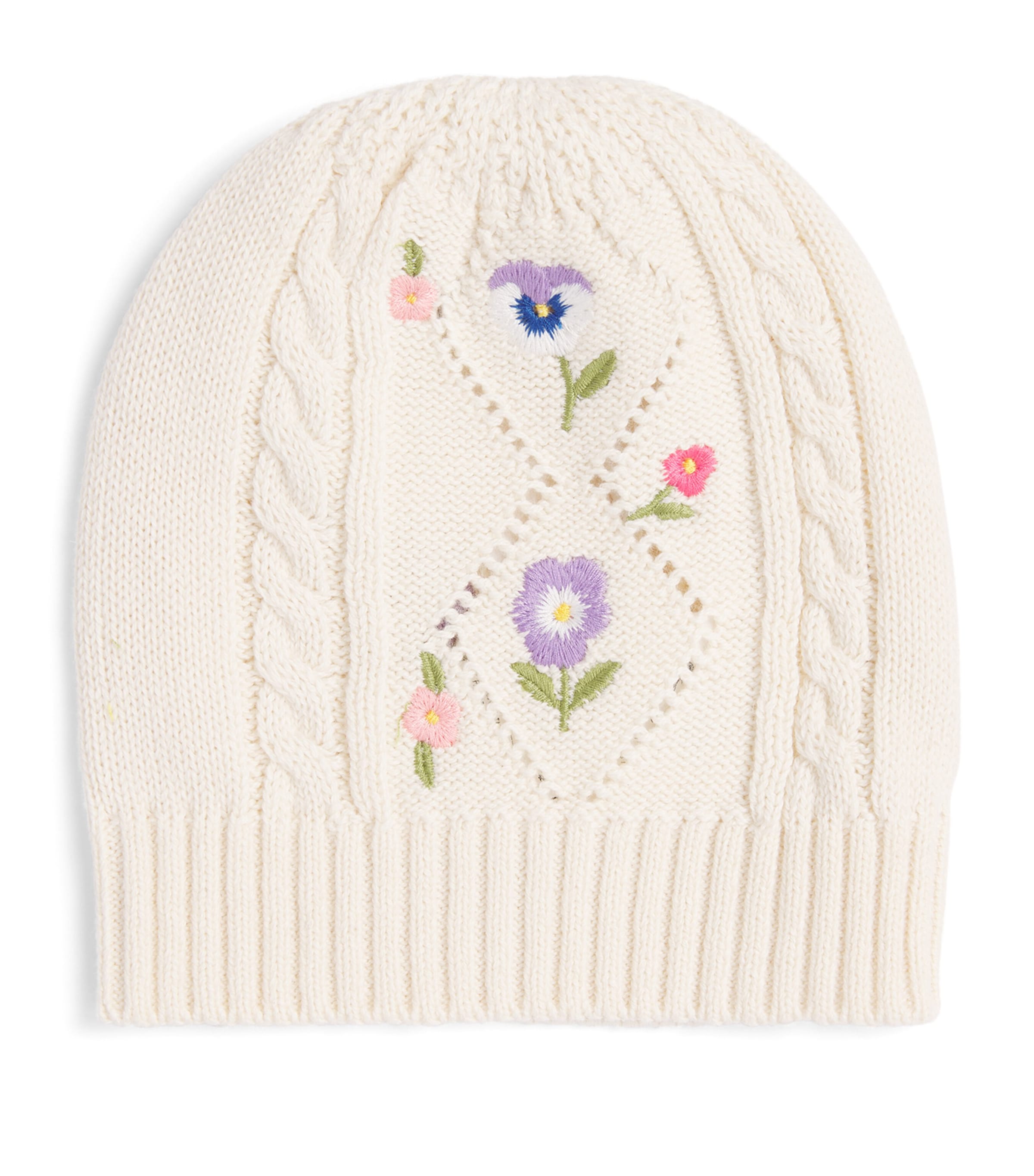 Monnalisa Cotton-Wool Embroidered Beanie Gardenia