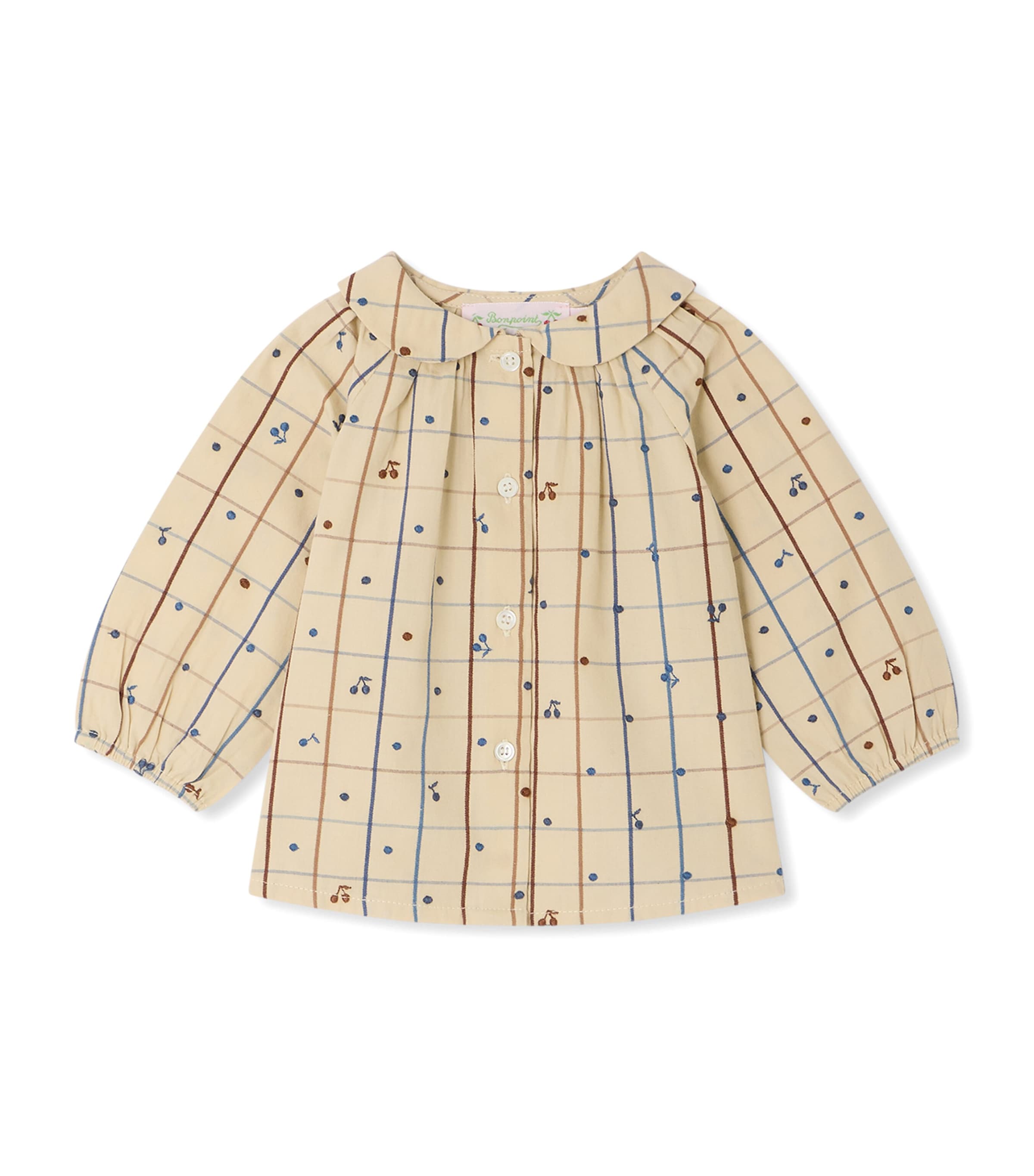 Bonpoint Cotton Embroidered Check Blouse (6-18 Months) Ca Beige