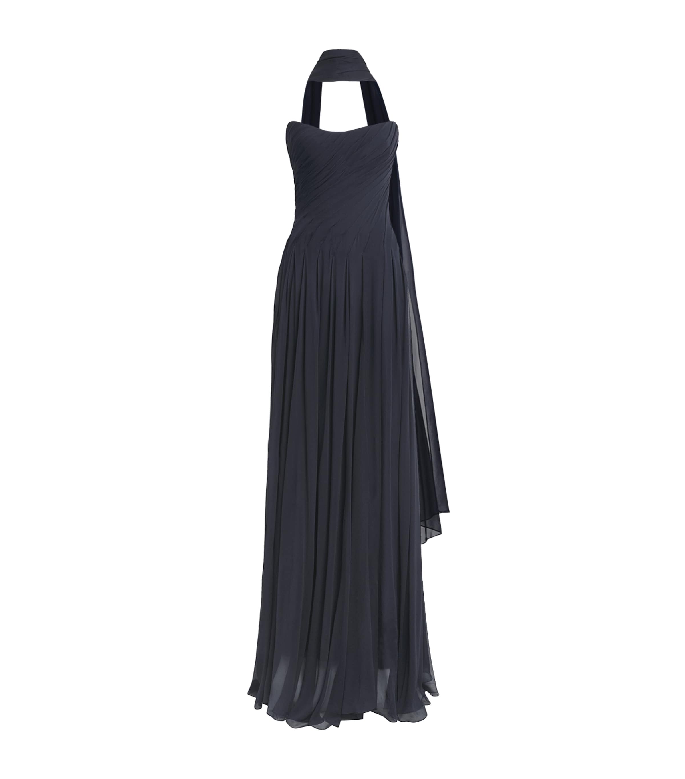 Monique Lhuillier Womens Silk Chiffon Tie-Detail Gown Navy