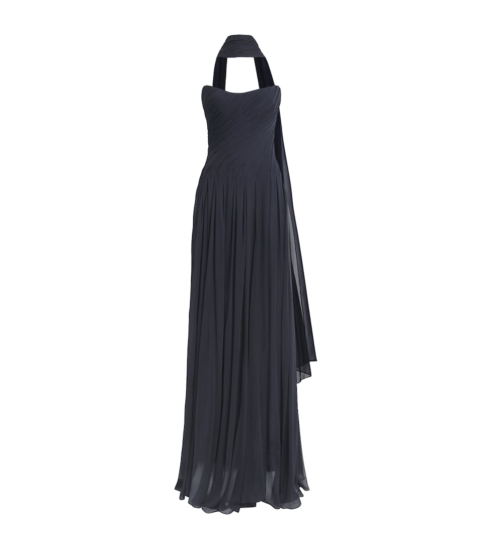 Monique Lhuillier Womens Silk Chiffon Tie-Detail Gown Navy