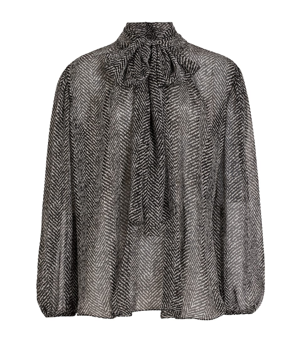 Silk Chevron Tie-Neck Blouse