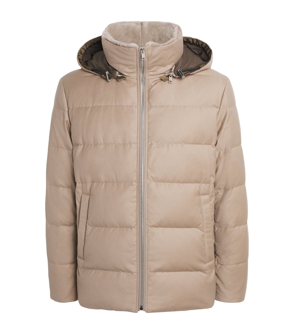 Wool-Silk Green Storm System Mink-Trim Puffer Jacket