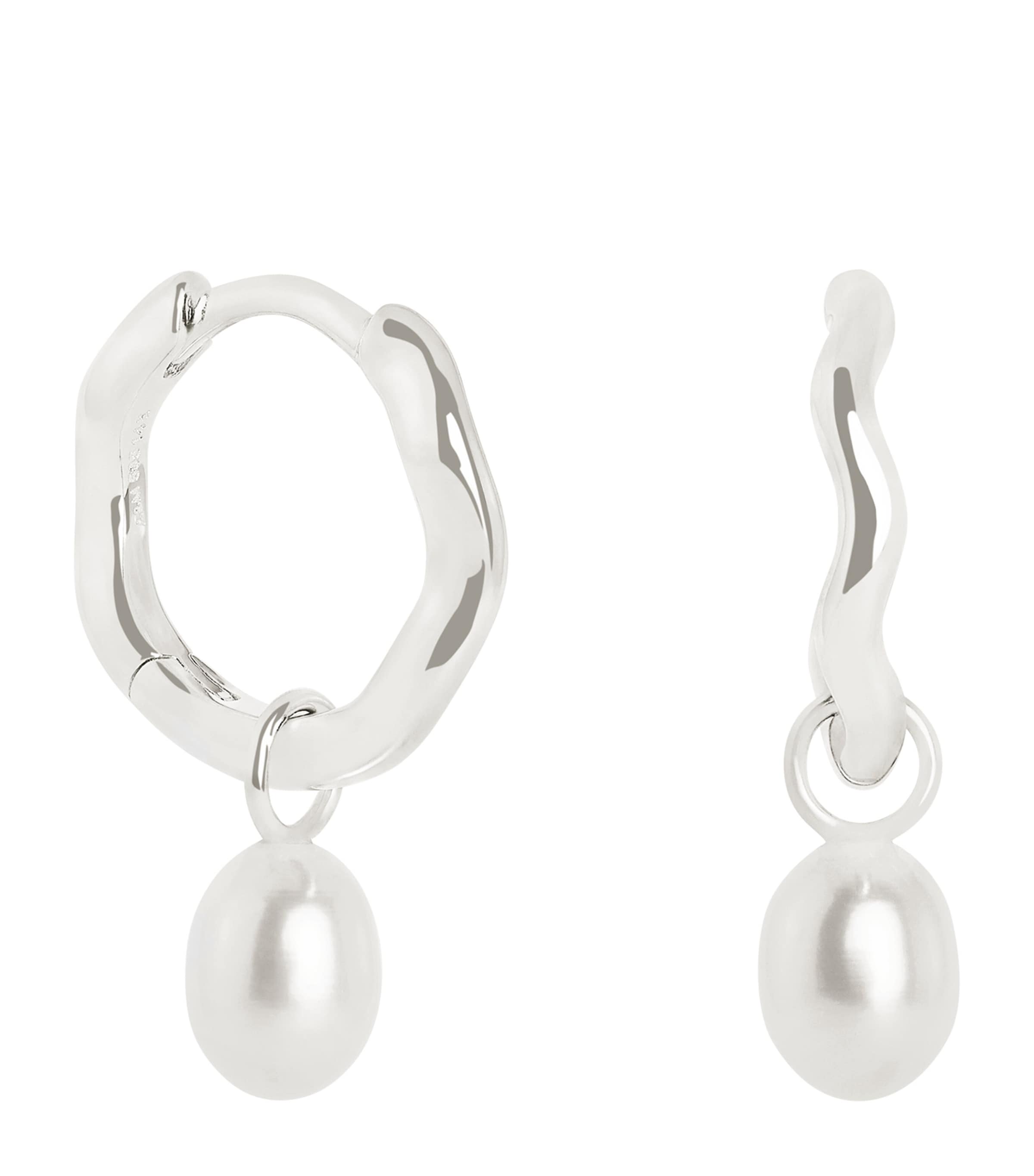 Astrid & Miyu White Gold and Pearl Wave Huggie Earrings White Gold