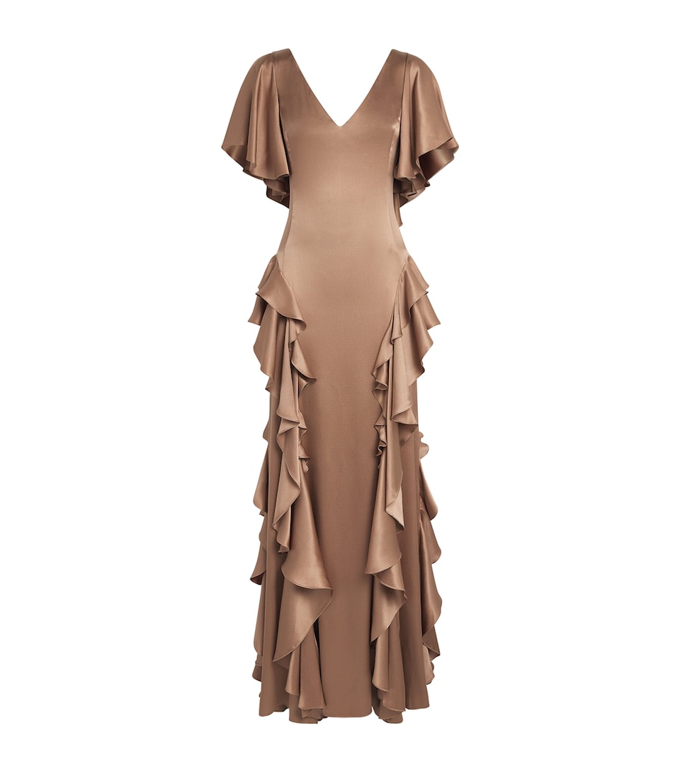 Gabriela Hearst Womens Silk Satin Ruffled Spiral Maxi Dress Cml Camel