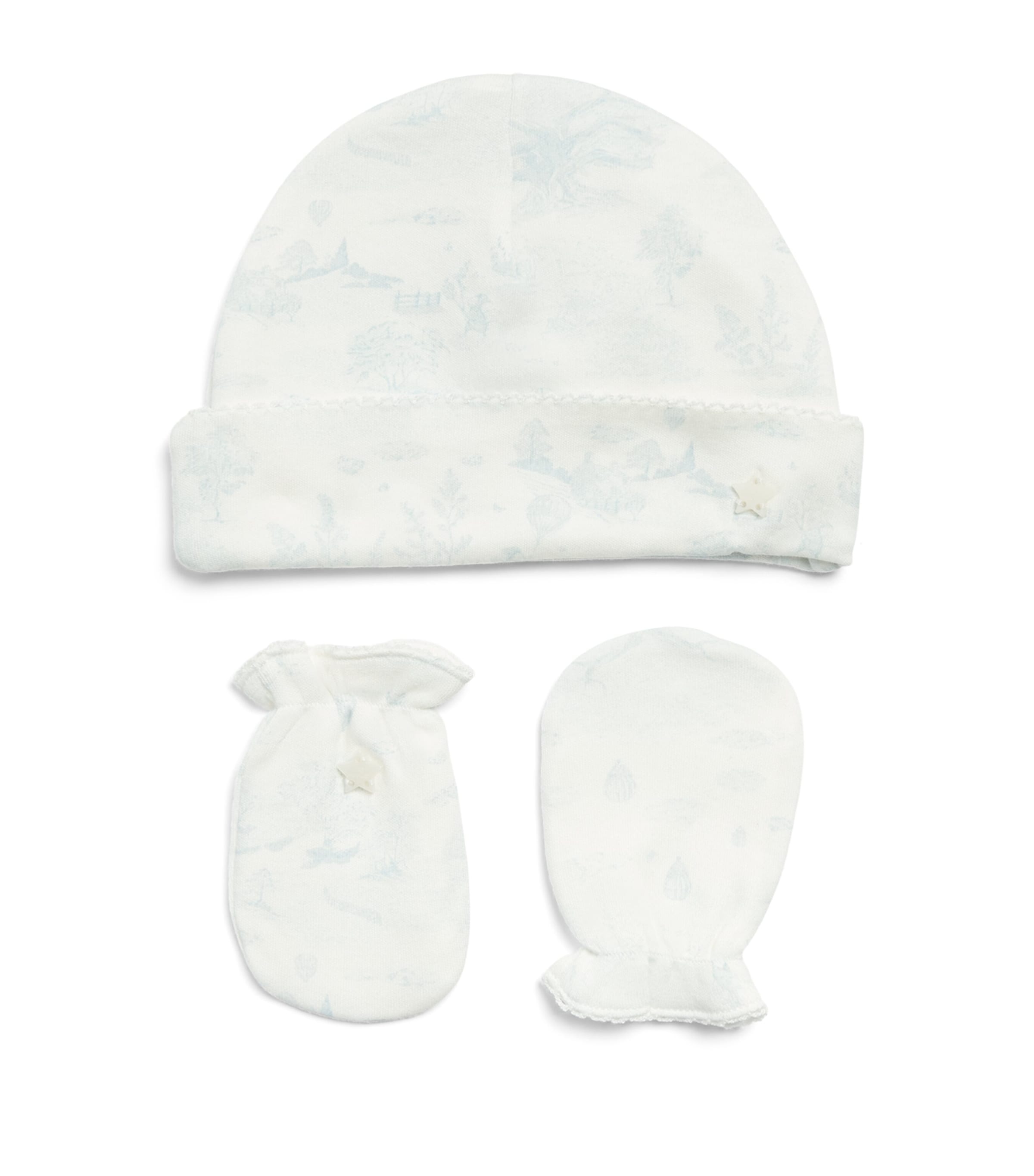 Marie-Chantal Pima Cotton Toile De Jouy Delani Hat and Mittens Set Mc Blue