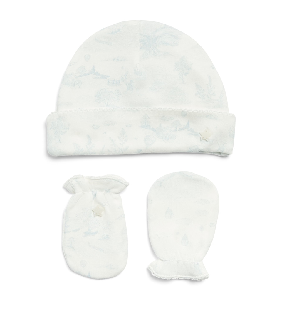 Marie-Chantal Pima Cotton Toile De Jouy Delani Hat and Mittens Set Mc Blue