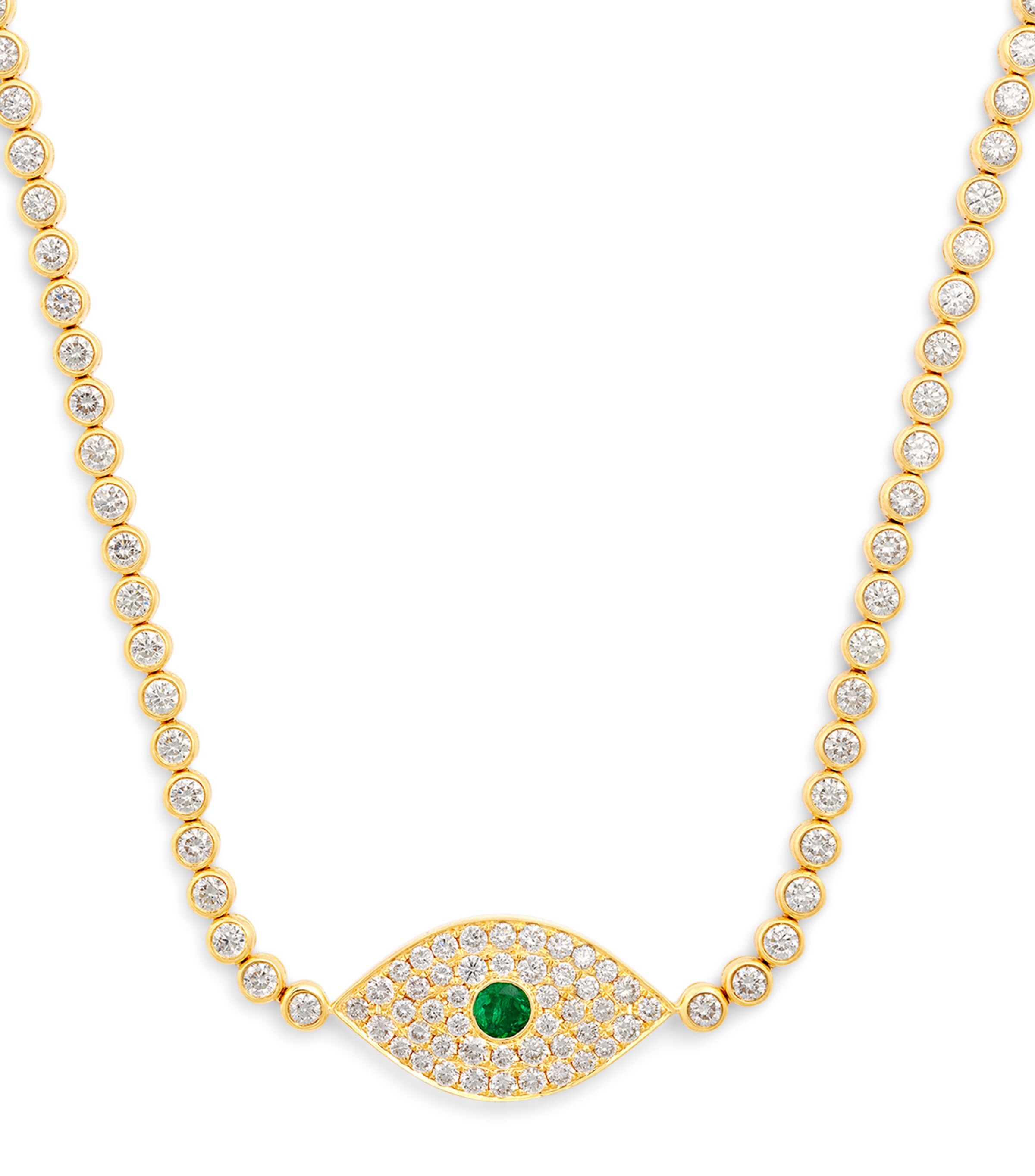 Yellow Gold, Diamond and Emerald Evil Eye Choker Necklace