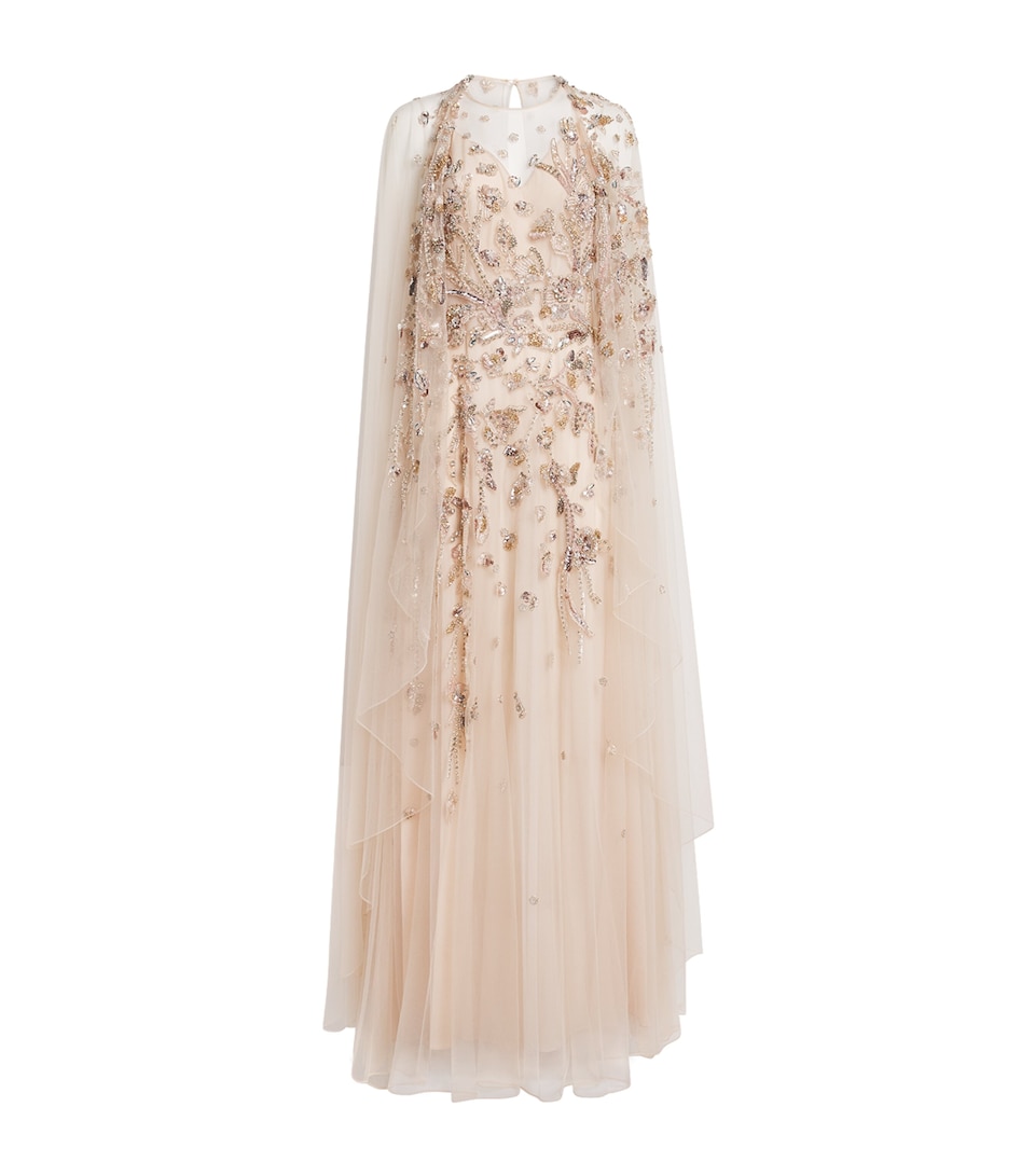 Zuhair Murad Womens Tulle Embellished Bouquet Cape Dress Whisper Pink