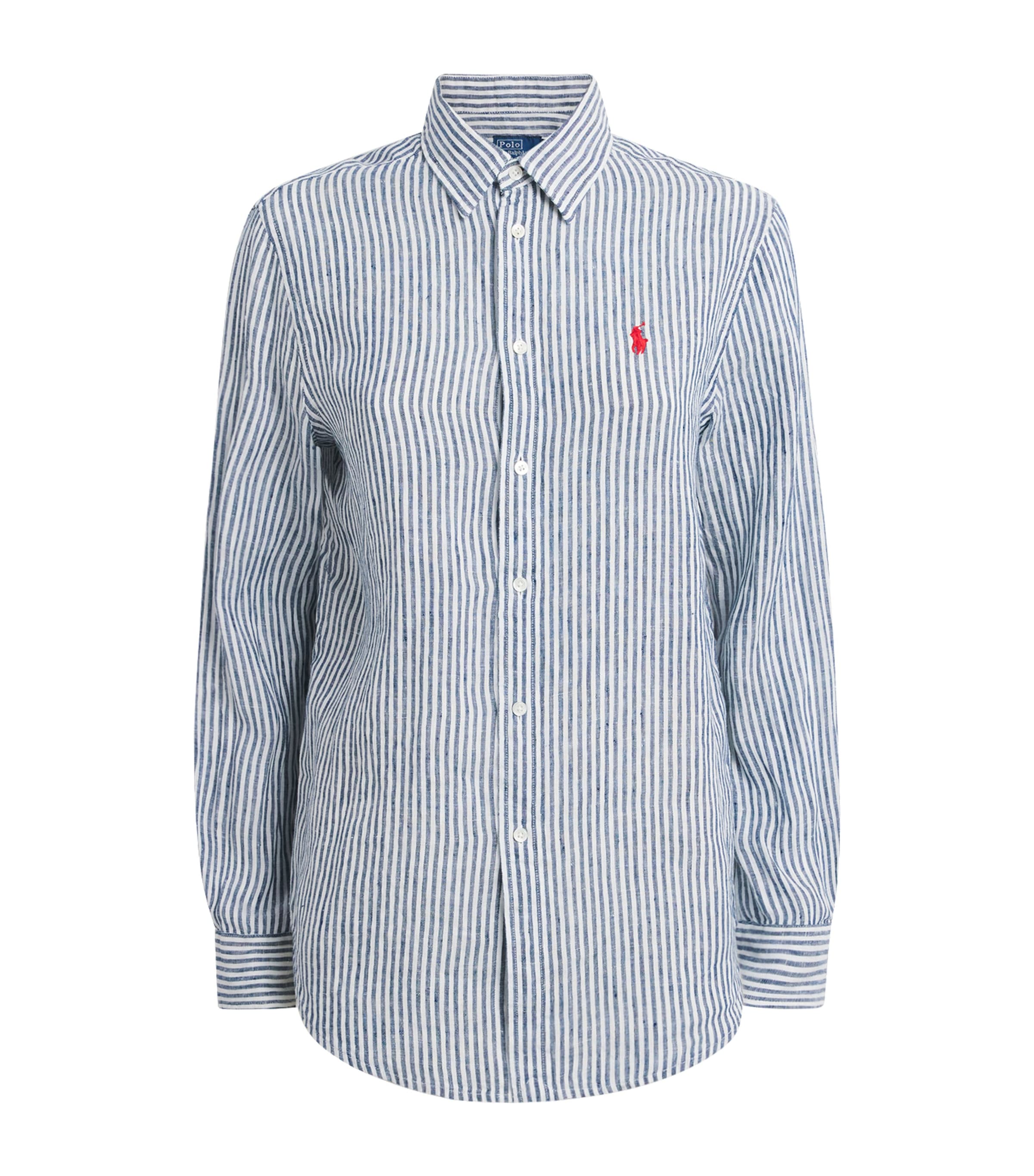 Polo Ralph Lauren Womens Linen Striped Classic Shirt Navy White