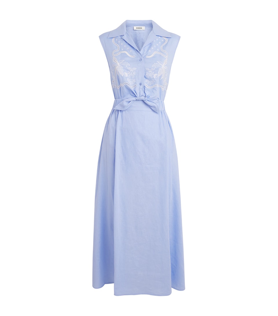 Sandro Paris Womens Linen-Blend Embroidered Maxi Dress Sky Blue