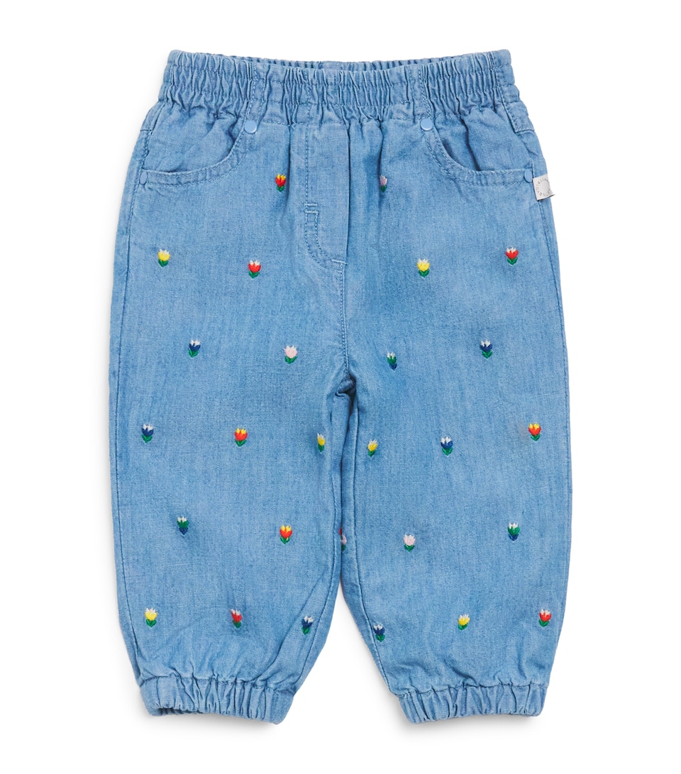 Stella McCartney Kids Cotton Chambray Flower Embroidered Trousers (6-36 Months) Azzurro/embro