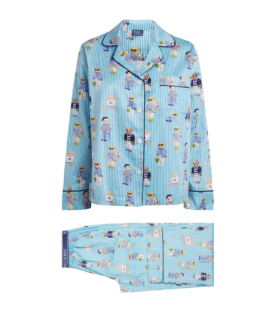 Polo Ralph Lauren Womens Cotton Stripe Polo Bear Pyjama Set Agua Mist Bear