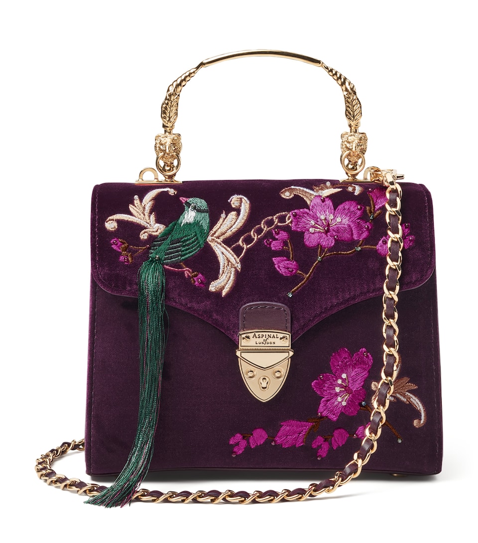 Aspinal Of London Midi Velvet Floral Embroidered Mayfair Bag Cassis