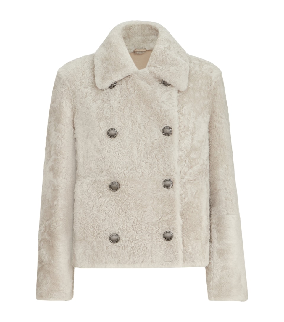 Brunello Cucinelli Womens Shearling Double-Breasted Jacket Stone
