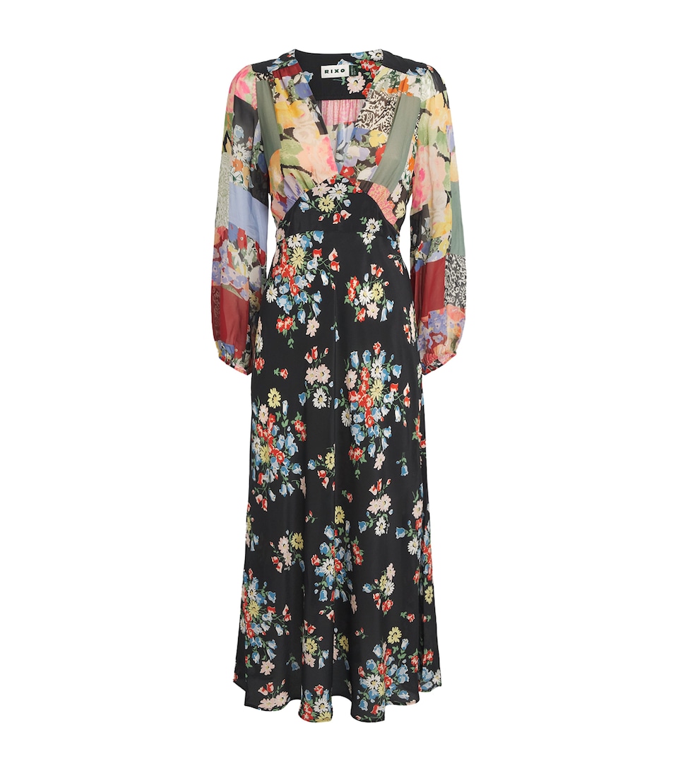 Rixo Womens Silk Crepe Patchwork Kalia Midi Dress Amelia Ptchwk Mx Mlt