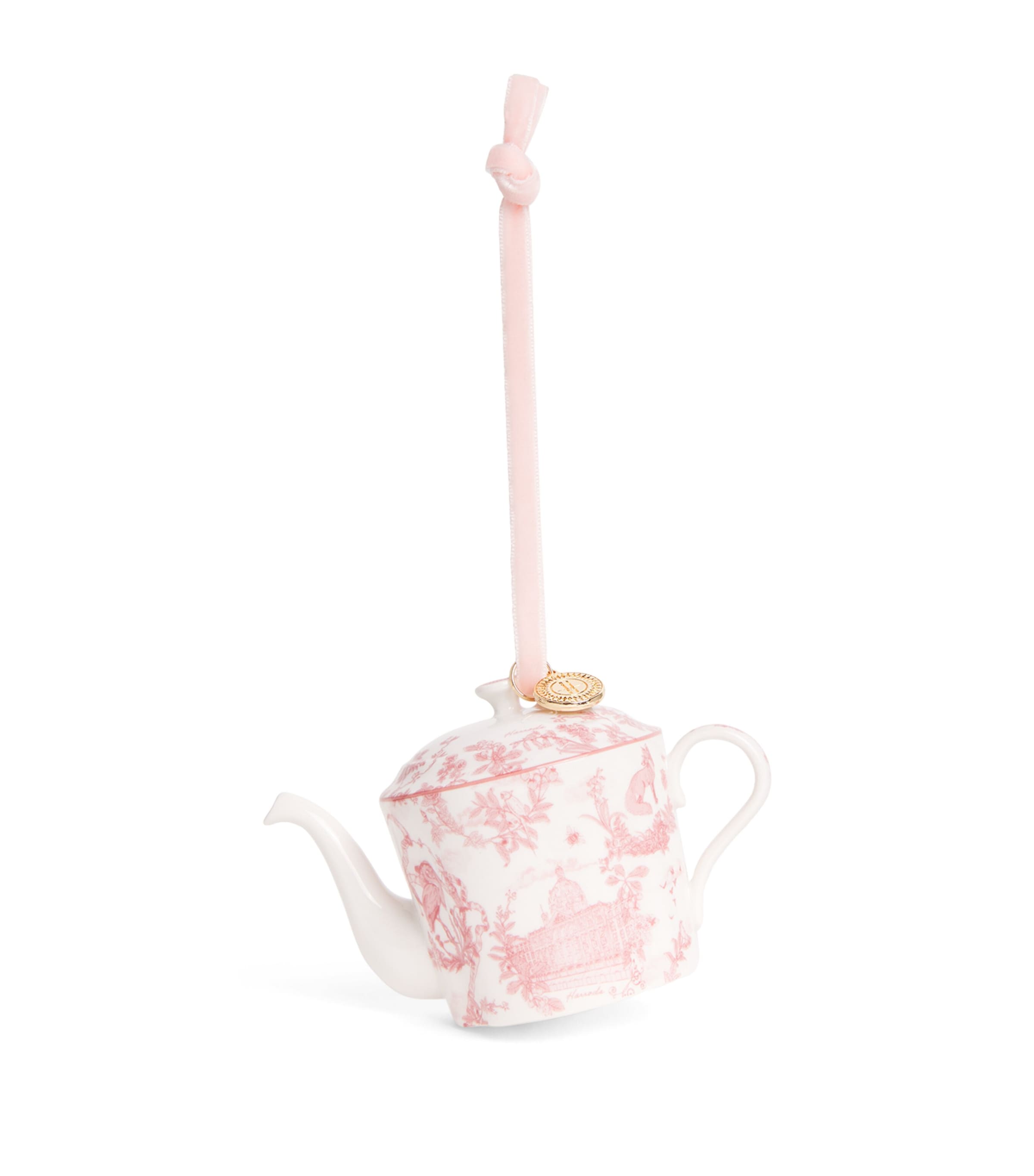 Harrods Fine China Mini Toile Teapot Tree Decoration Pink