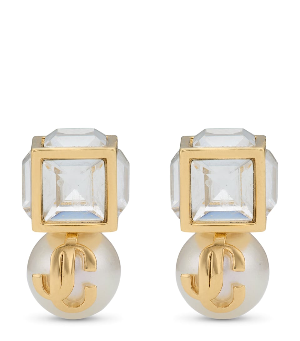 Jimmy Choo Faux Pearl Cube Logo Earrings Gold/white/crystal