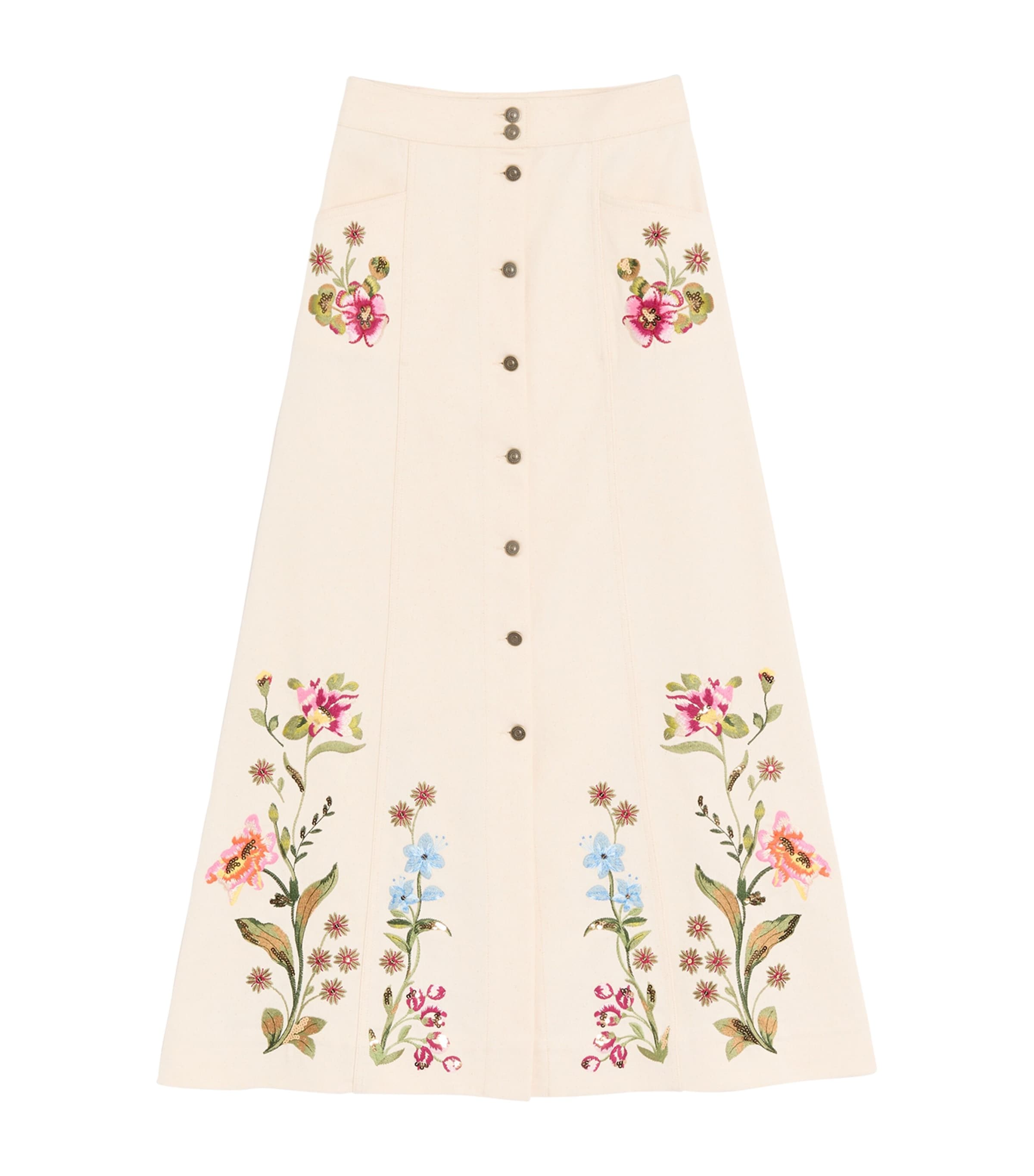 Denim Embroidered Maxi Skirt