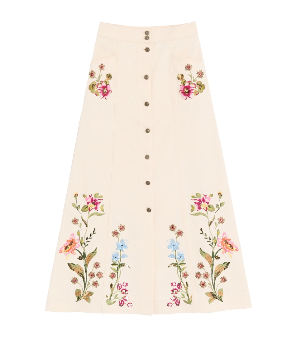 Denim Embroidered Maxi Skirt