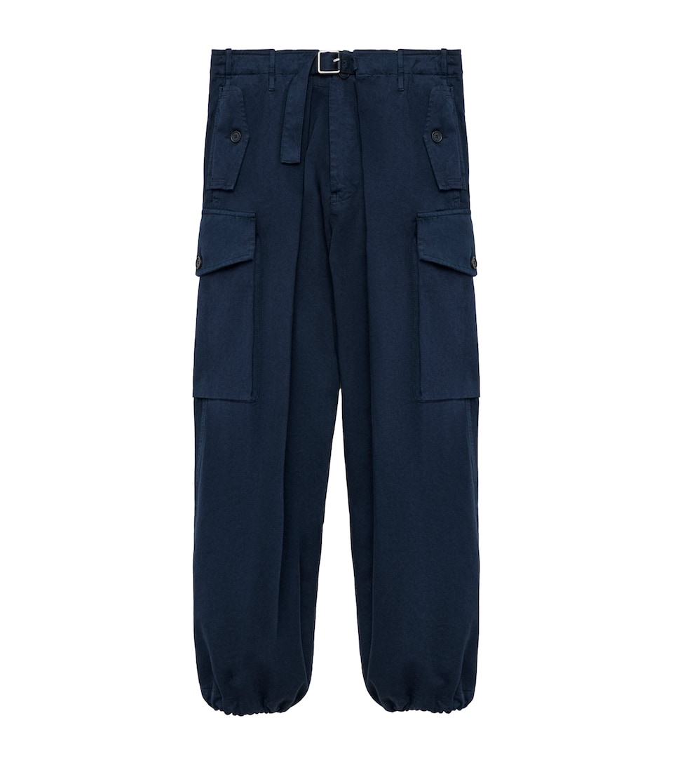 LOEWE Mens Cotton Pleated Cargo Trousers Dark Navy