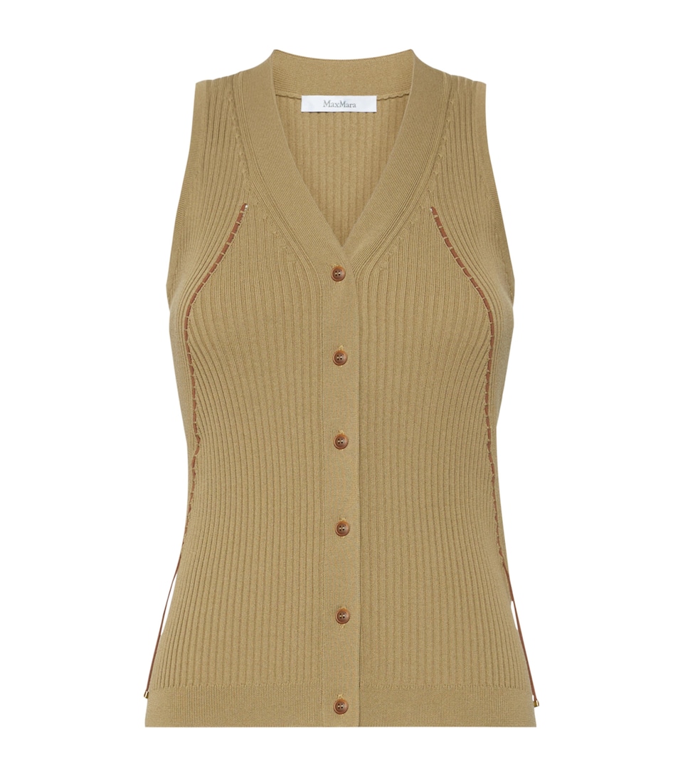 Max Mara Womens Knitted Contrast-Trim Waistcoat Kaki
