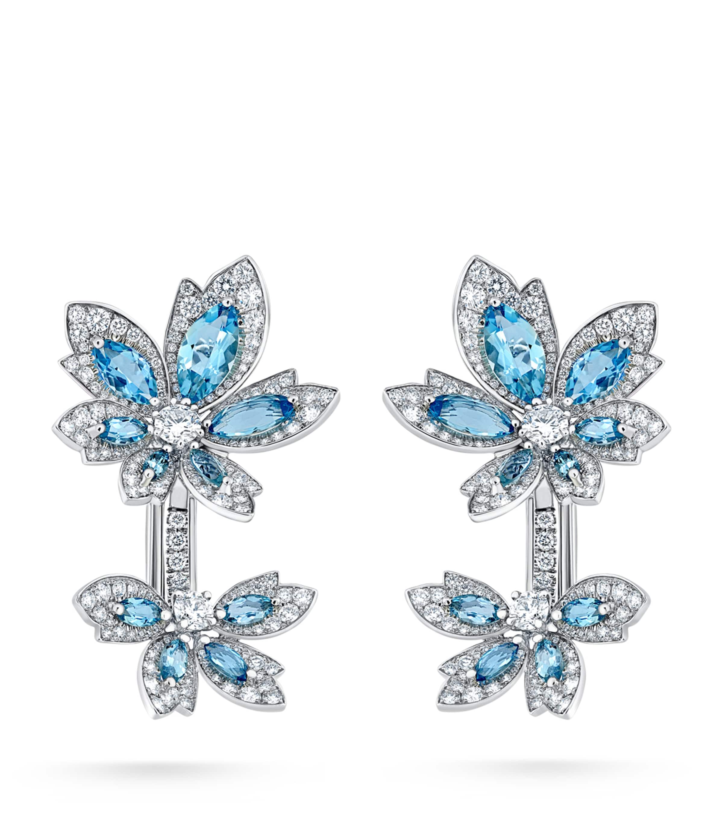 White Gold, Diamond and Aquamarine Palm Flower Earrings