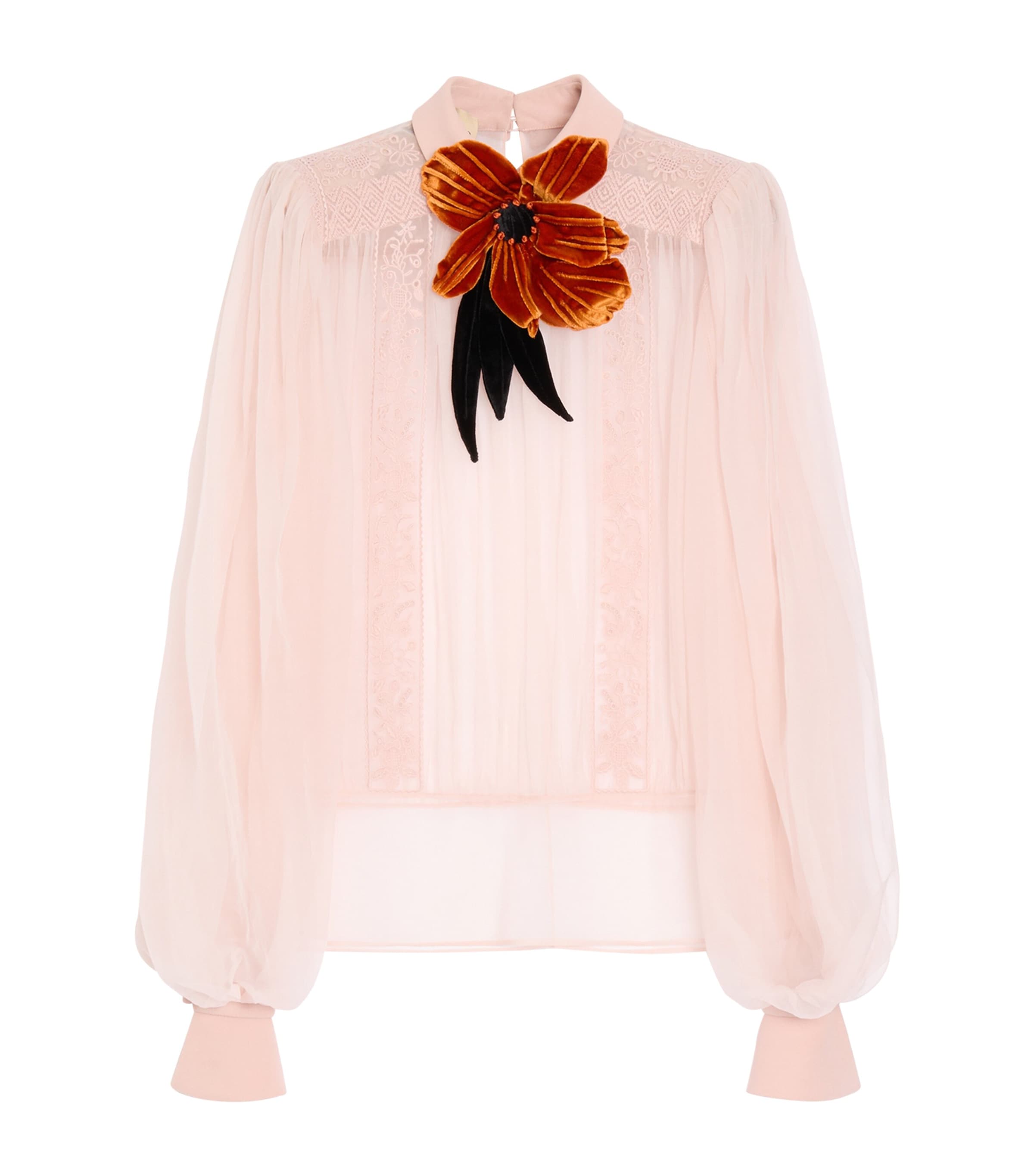 Silk Floral-Embroidered Blouse