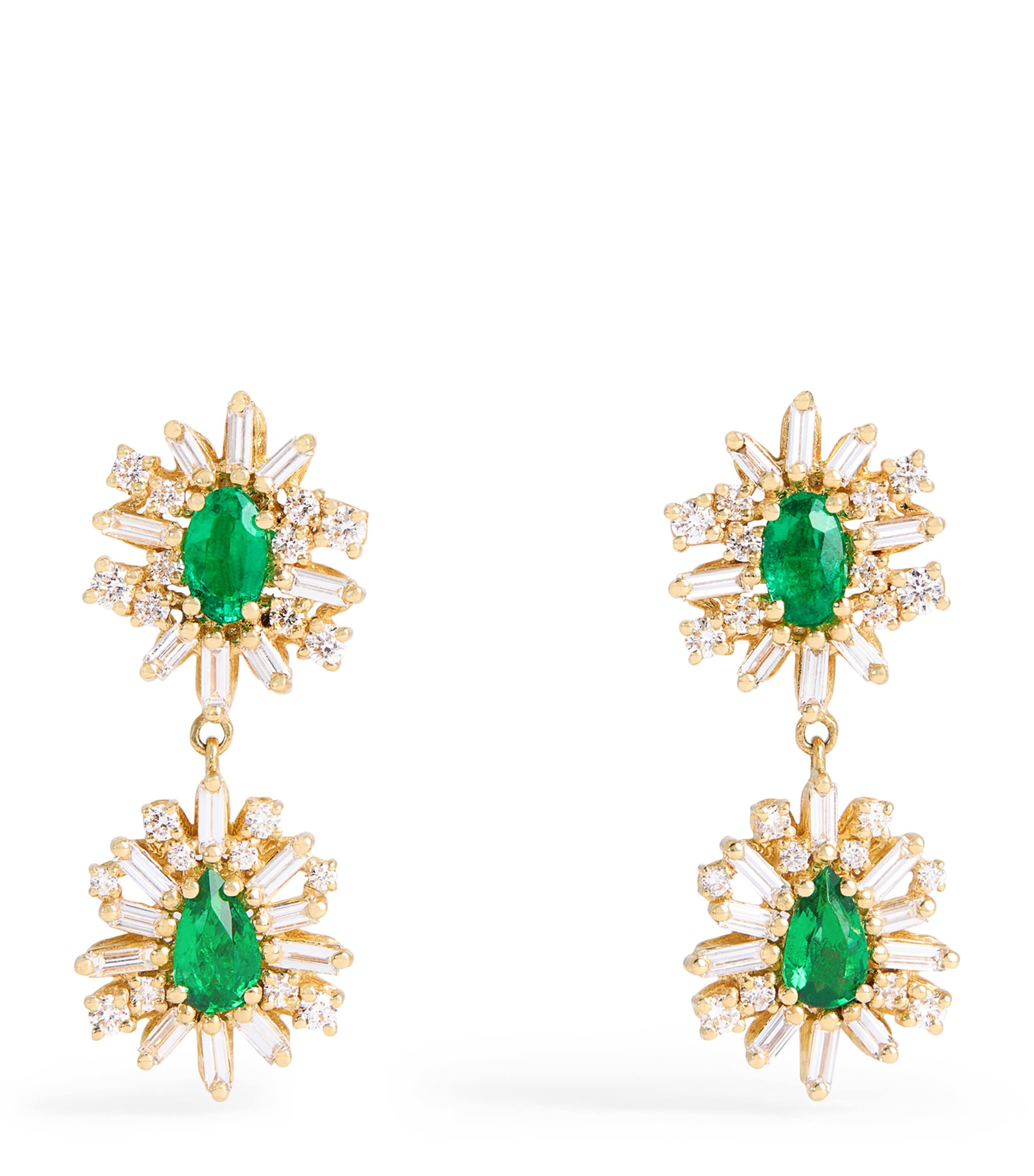 Yellow Gold, Diamond and Emerald One of a Kind Drop Earrings