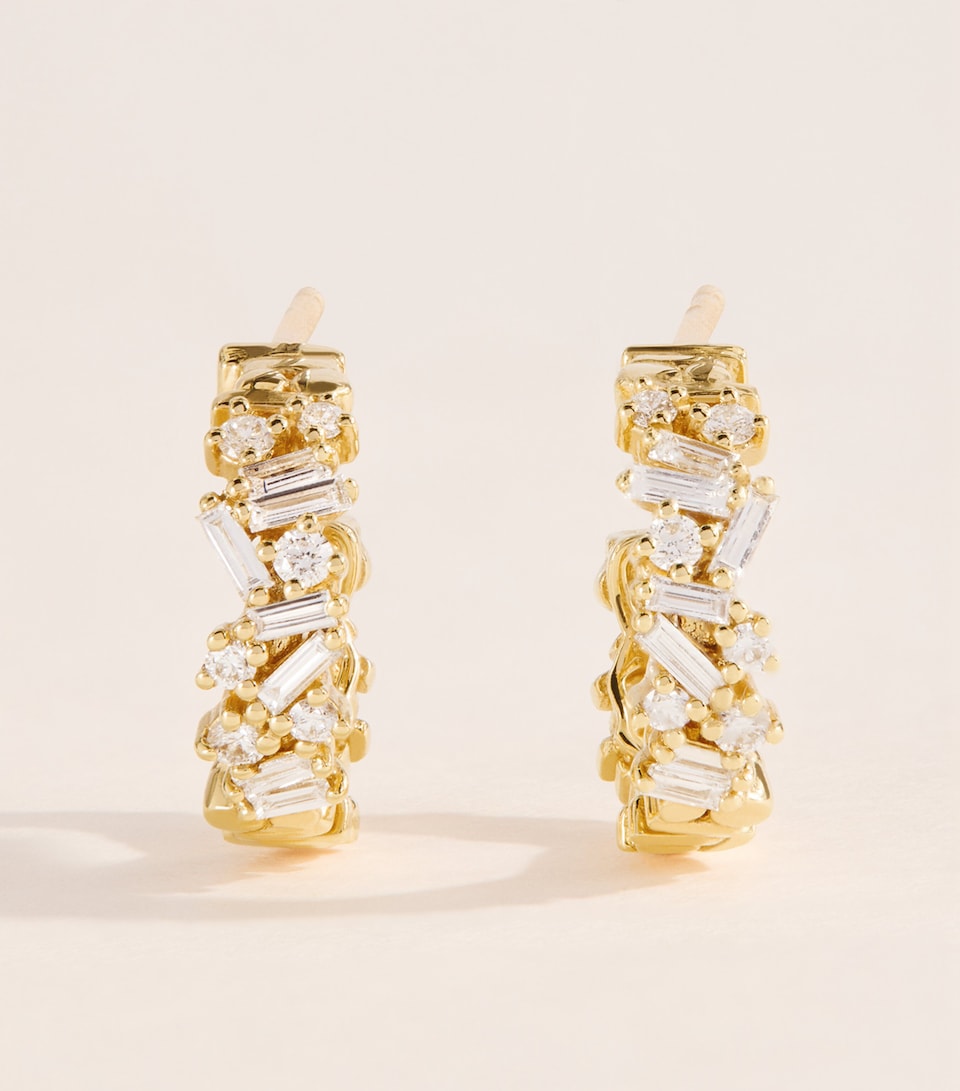 Suzanne Kalan Yellow Gold and Diamond Classic Fireworks Hoop Earrings Yg/wd