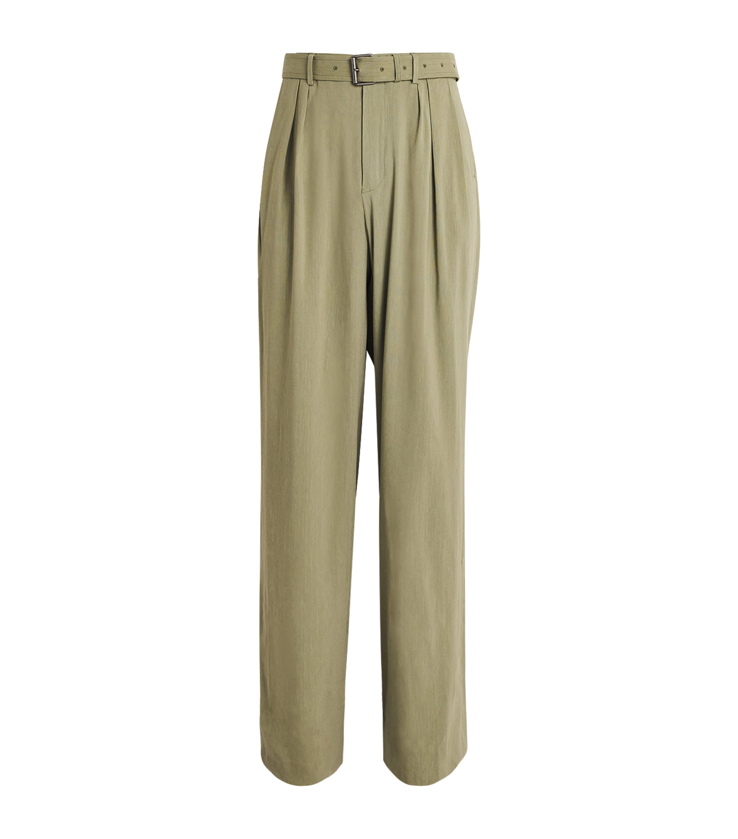 Linen-Blend Belted Straight Trousers