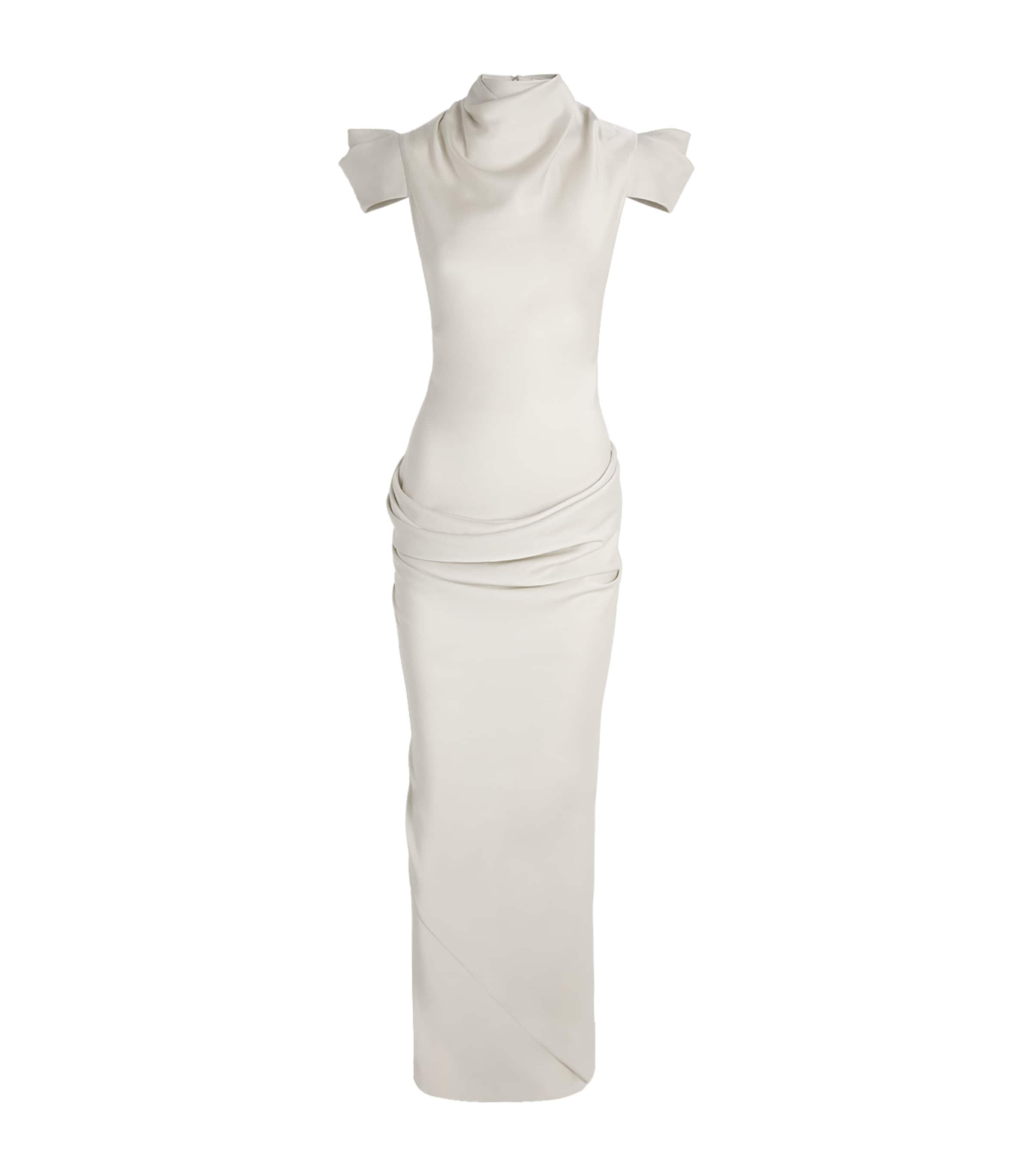 De La Vali Womens Satin Draped Cosima Maxi Dress Stone Beige