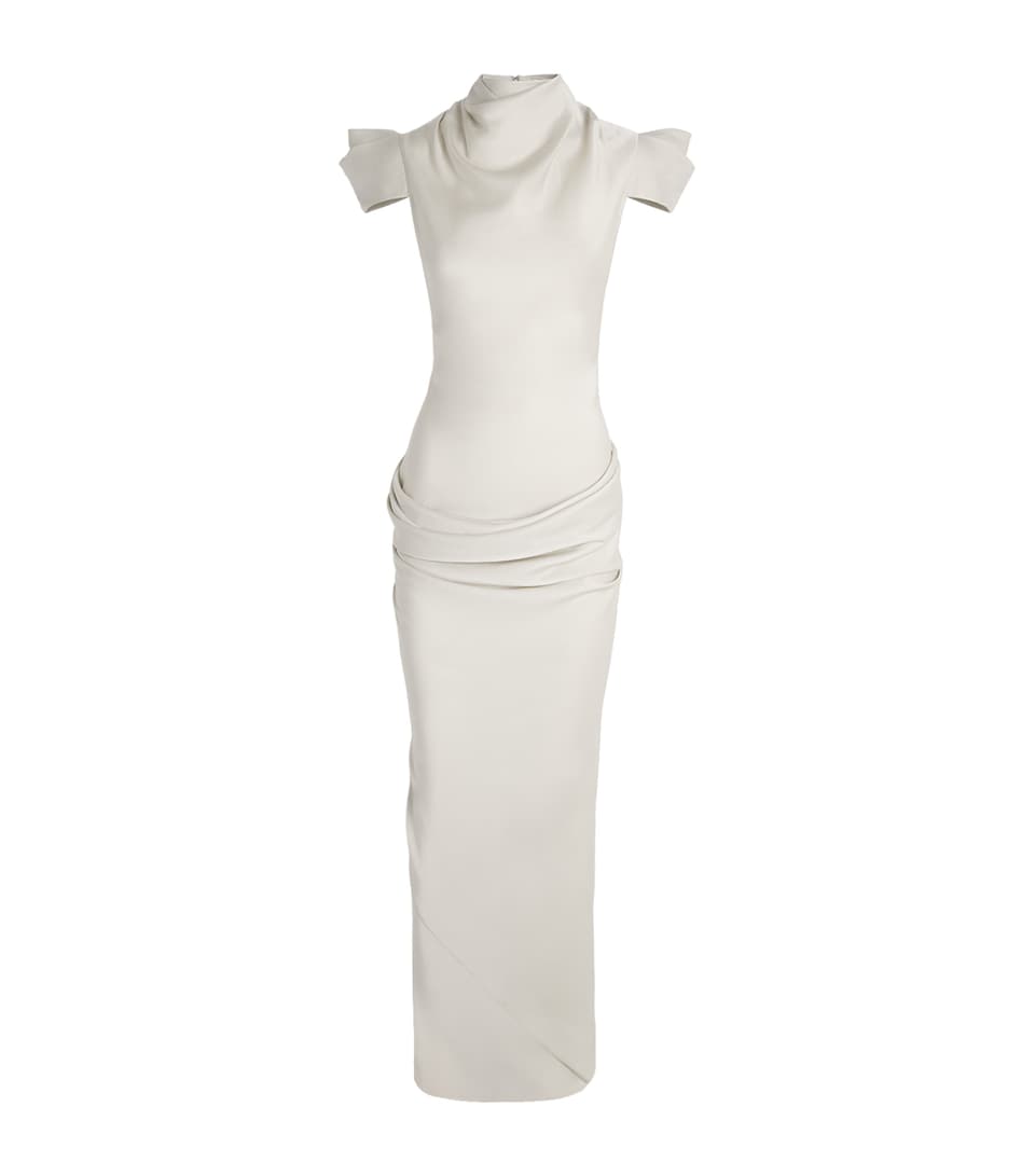 De La Vali Womens Satin Draped Cosima Maxi Dress Stone Beige