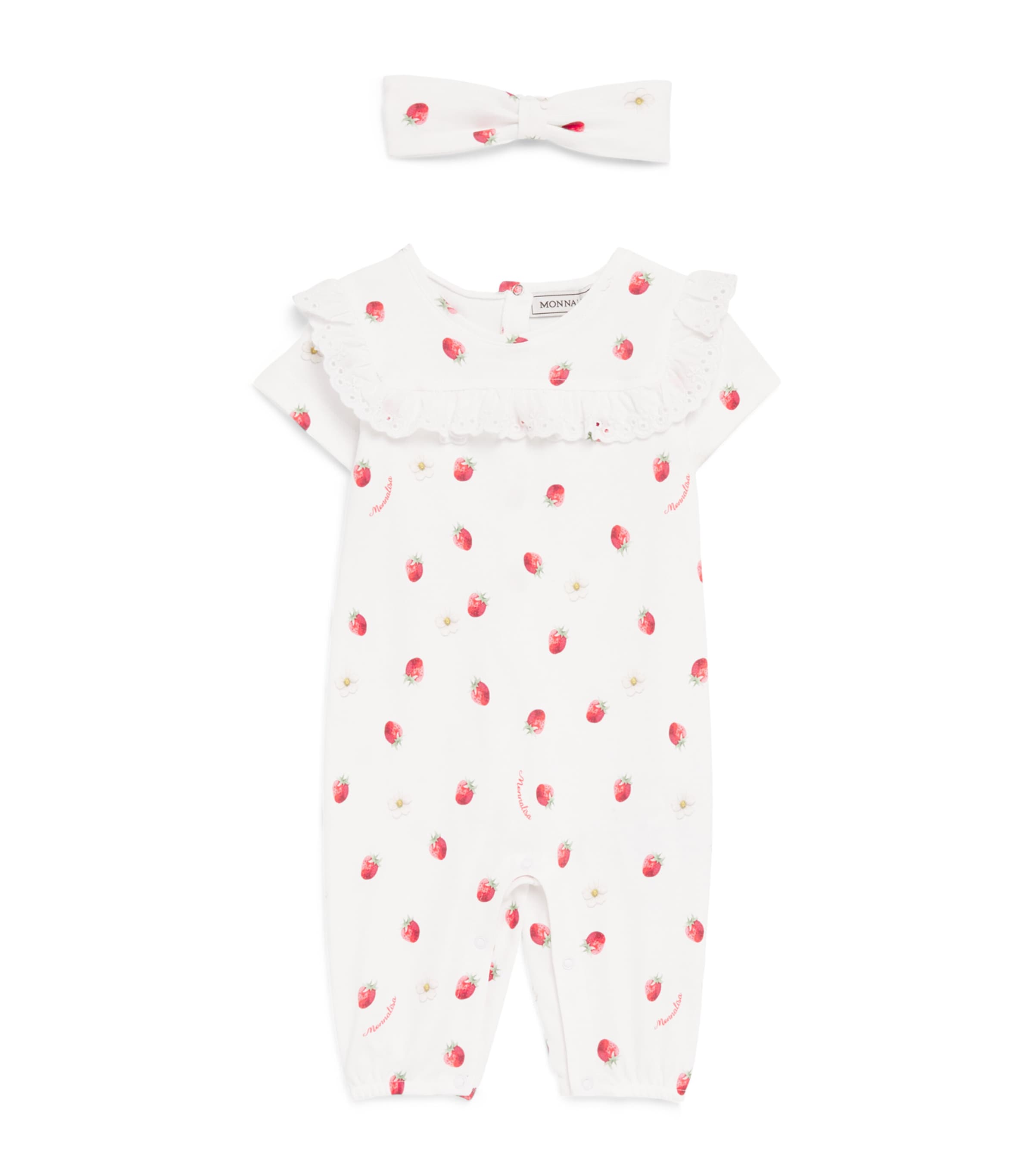 Monnalisa Cotton Printed All-In-One and Headband Set (1-9 Months) White+red