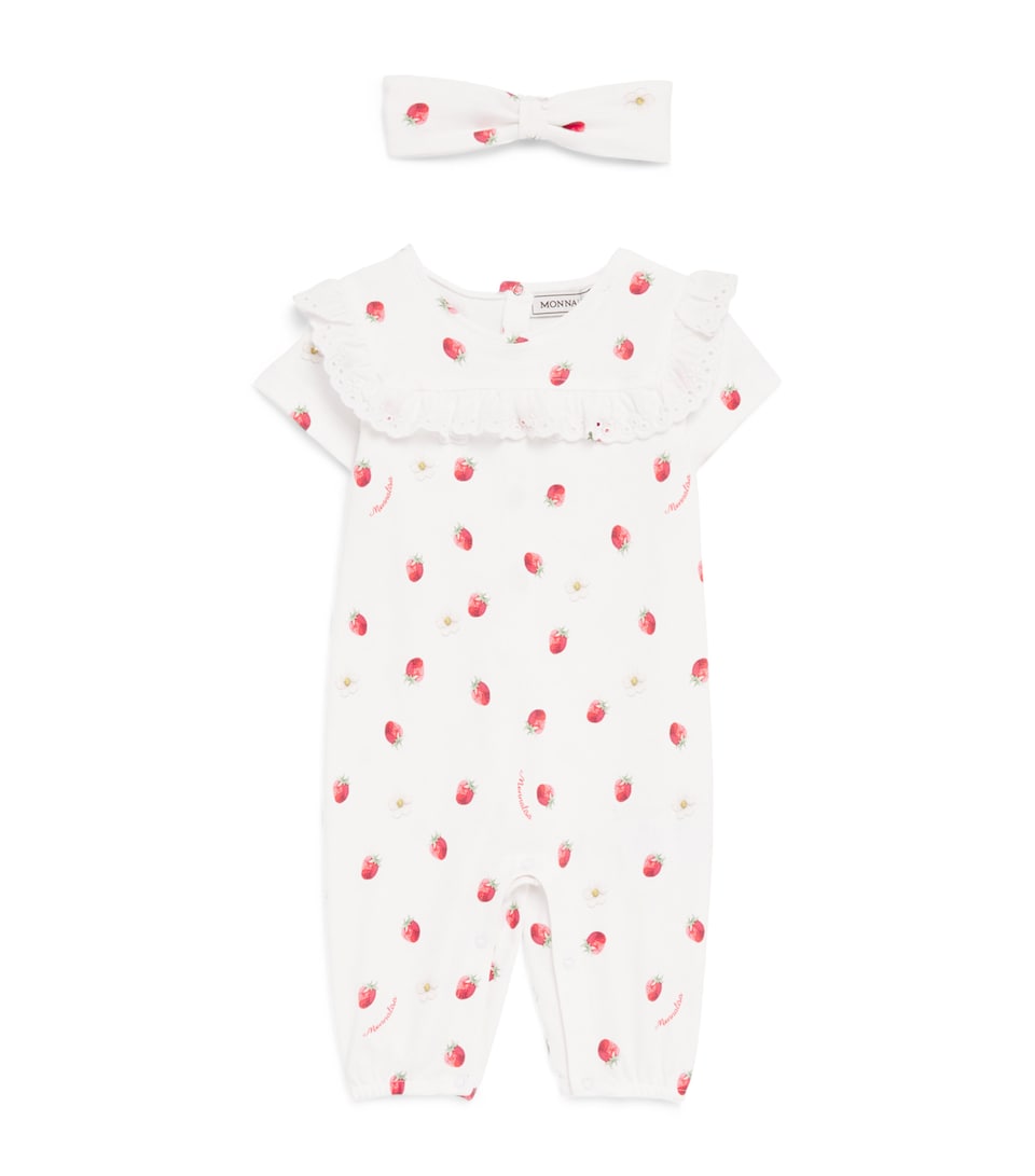 Monnalisa Cotton Printed All-In-One and Headband Set (1-9 Months) White+red