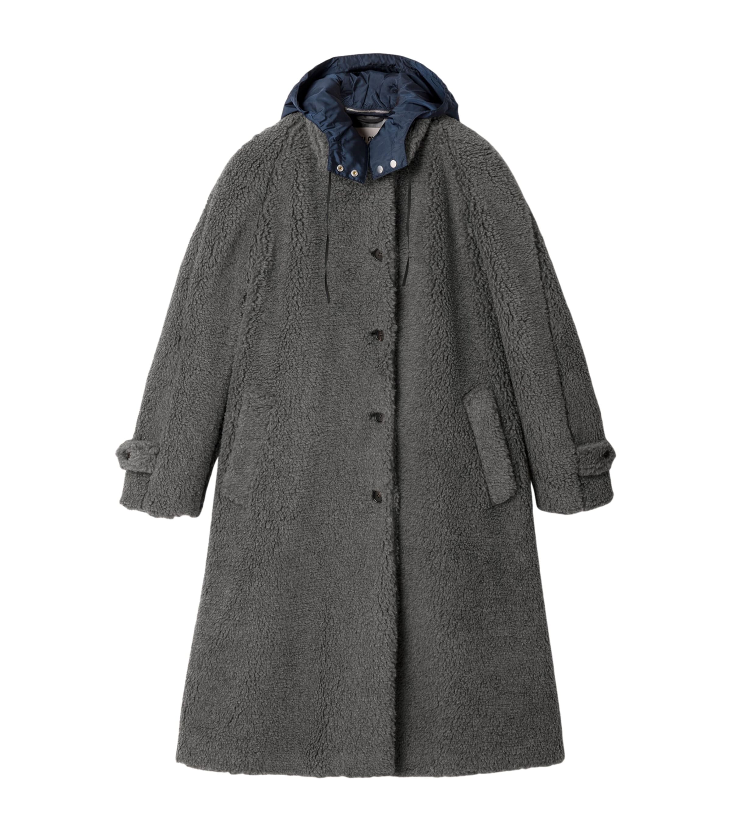 Miu Miu Womens Fleece Hooded Long Coat Grey
