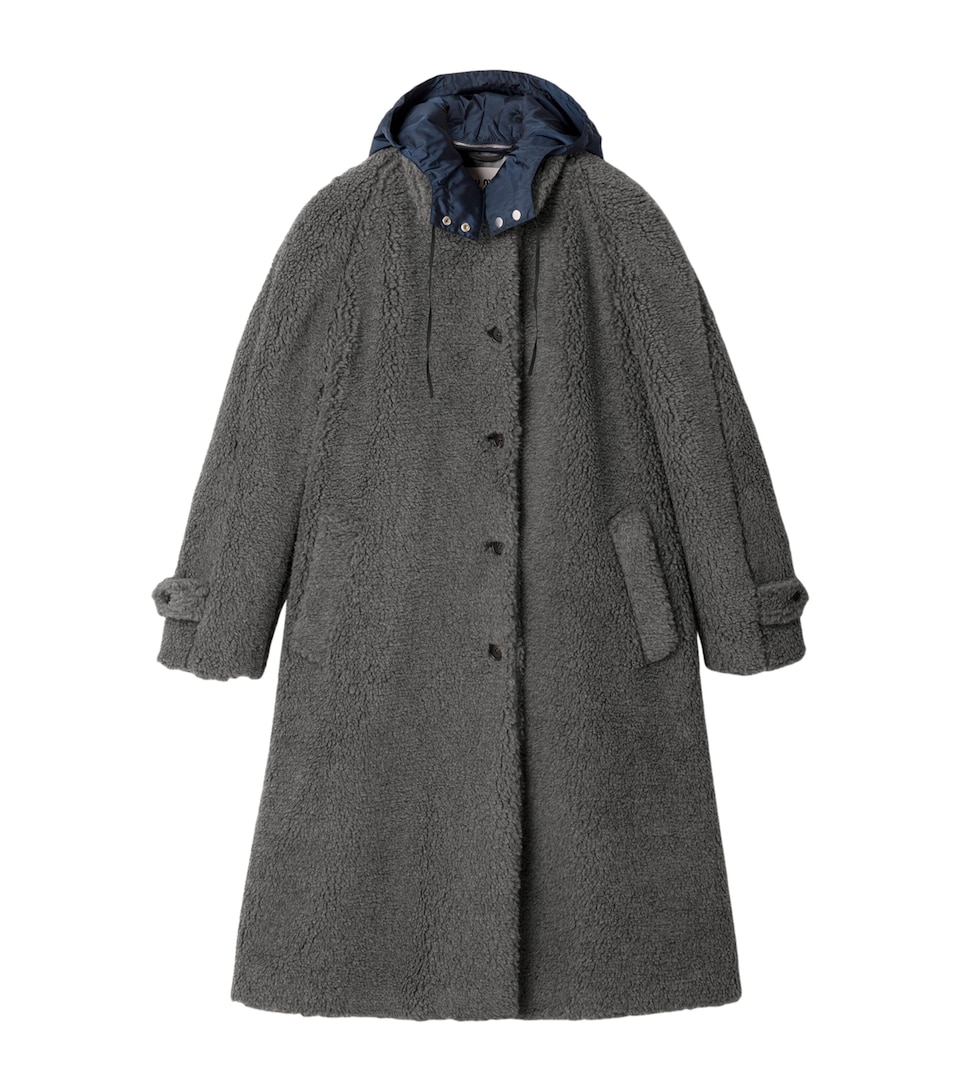 Miu Miu Womens Fleece Hooded Long Coat Grey