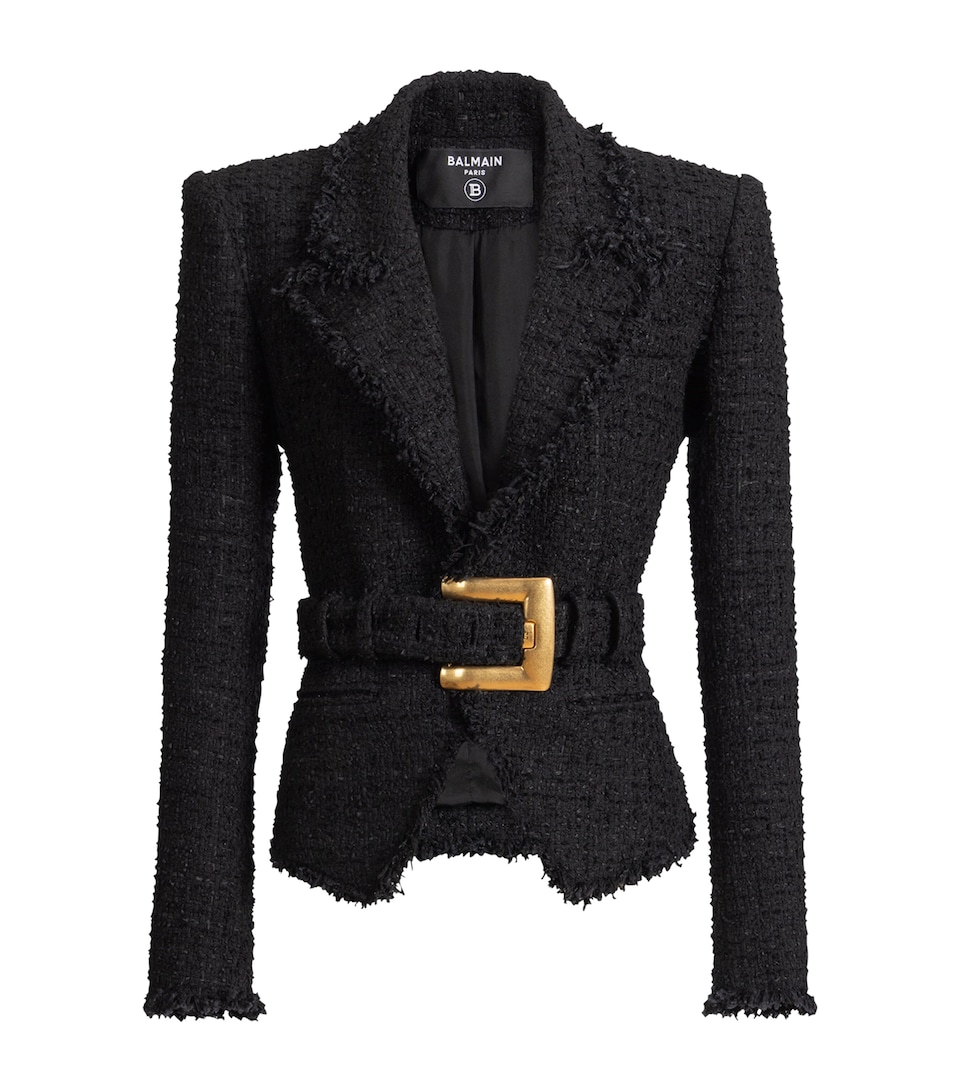 Balmain Womens Tweed Belted Blazer Noir