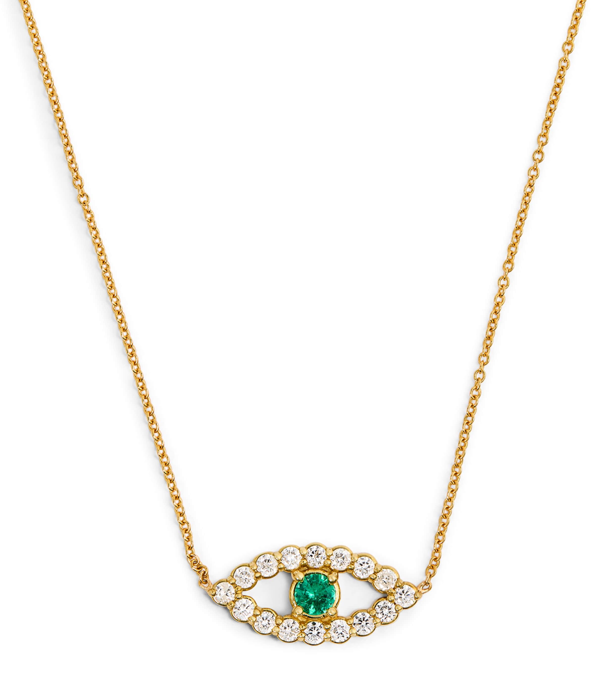 Yellow Gold, Diamond and Emerald Edith Evil Eye Necklace