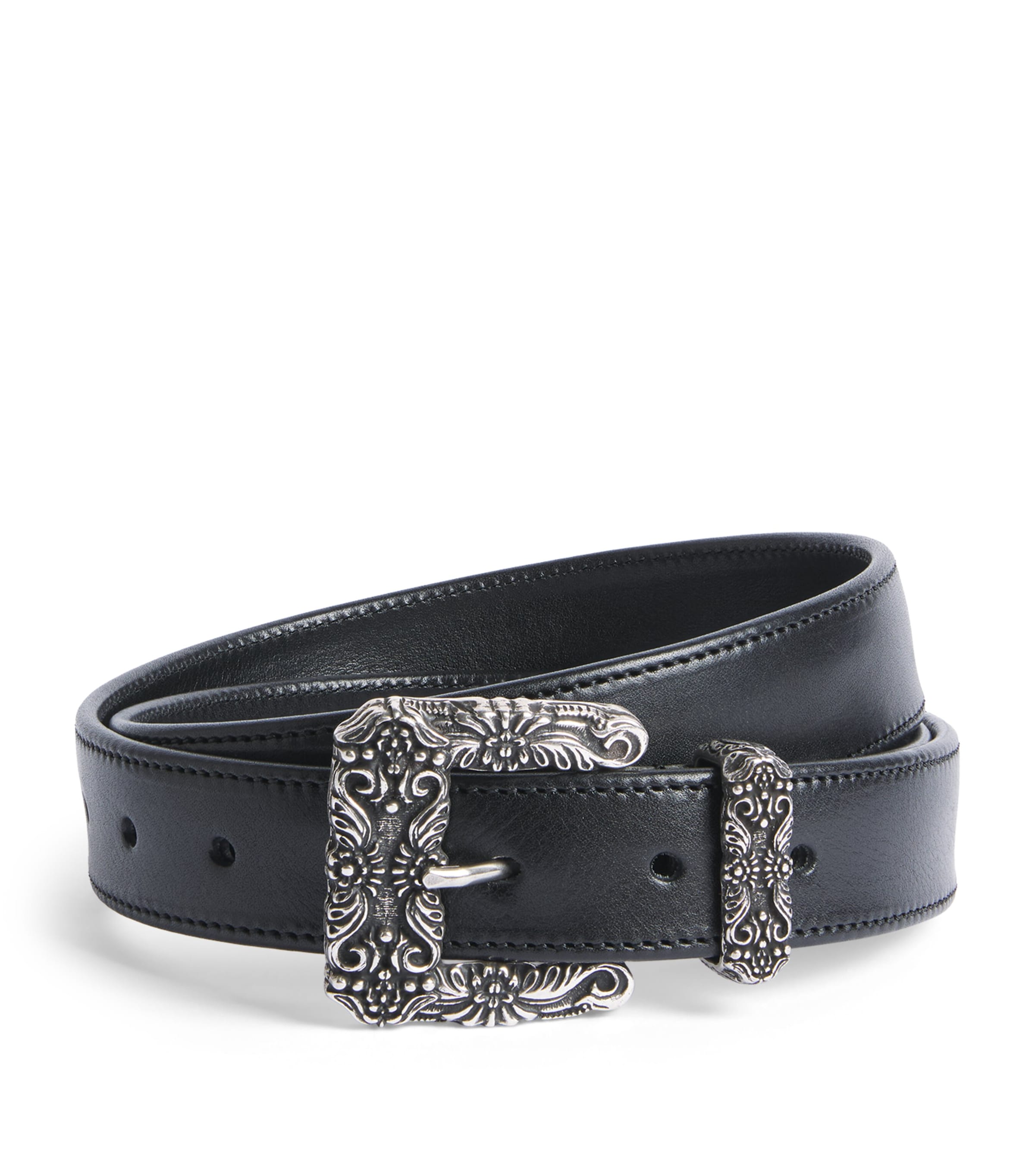 Molebo Leather Rose Buckle Western Belt Black Leather