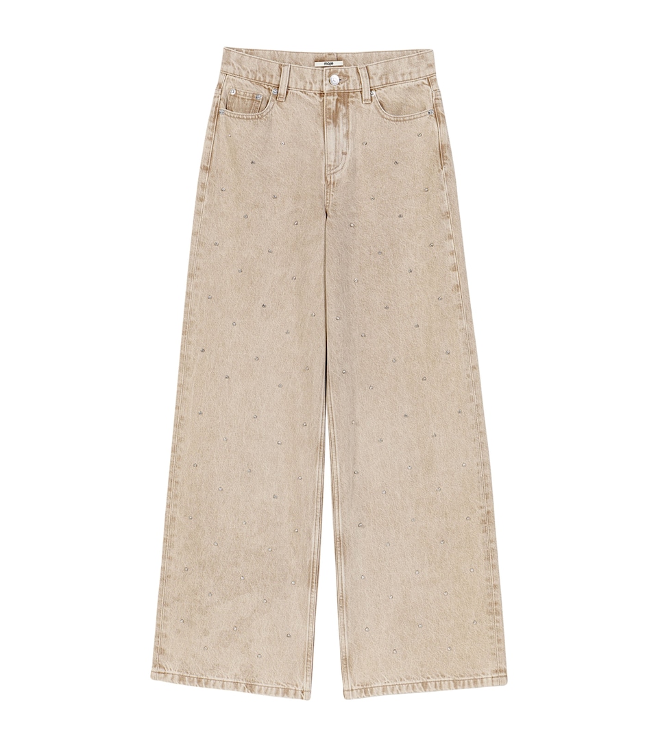 Maje Womens Rhinestone-Embellished Wide-Leg Jeans Beige