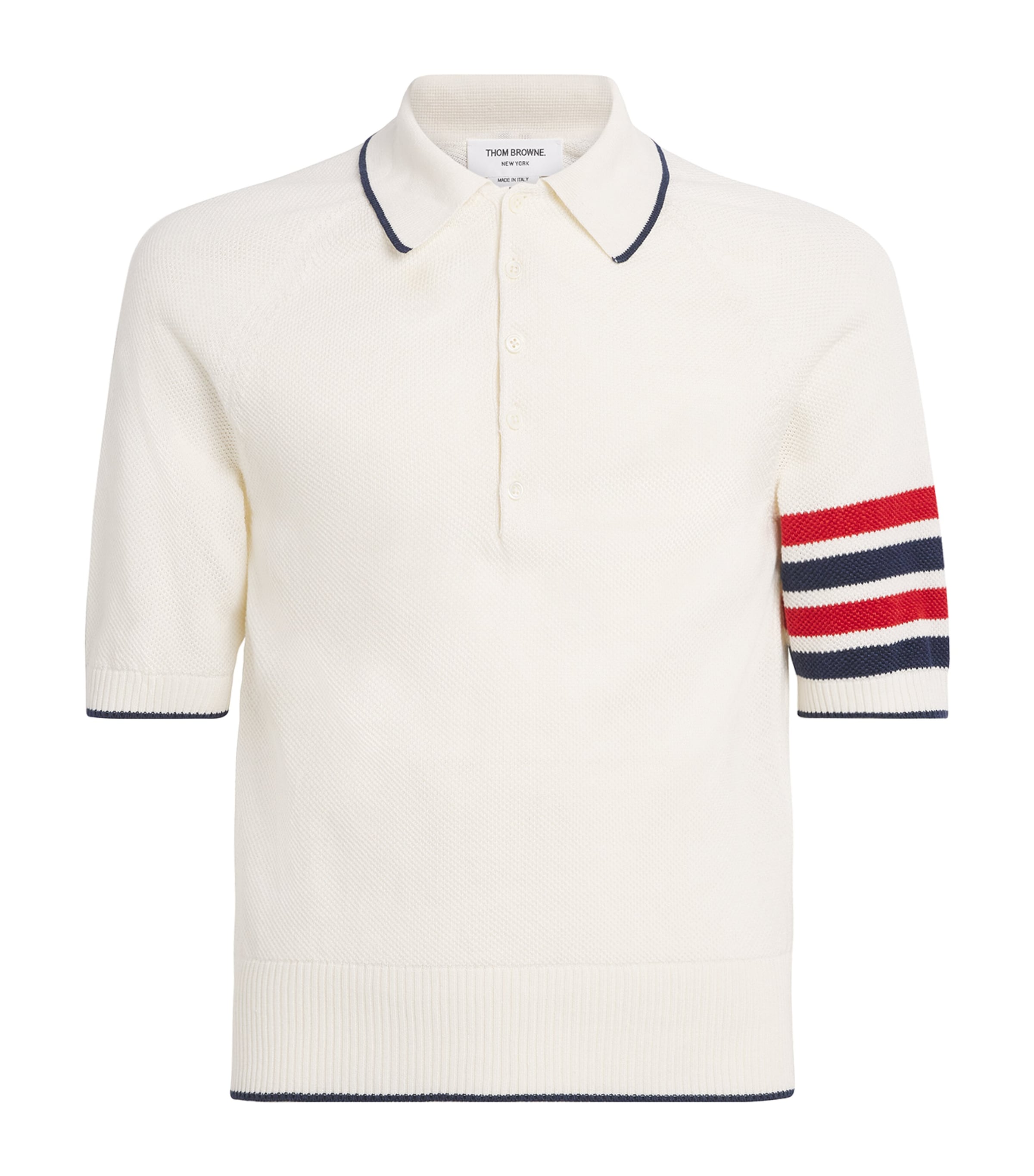 Thom Browne Mens Linen-Cotton 4-Stripe Polo Shirt White