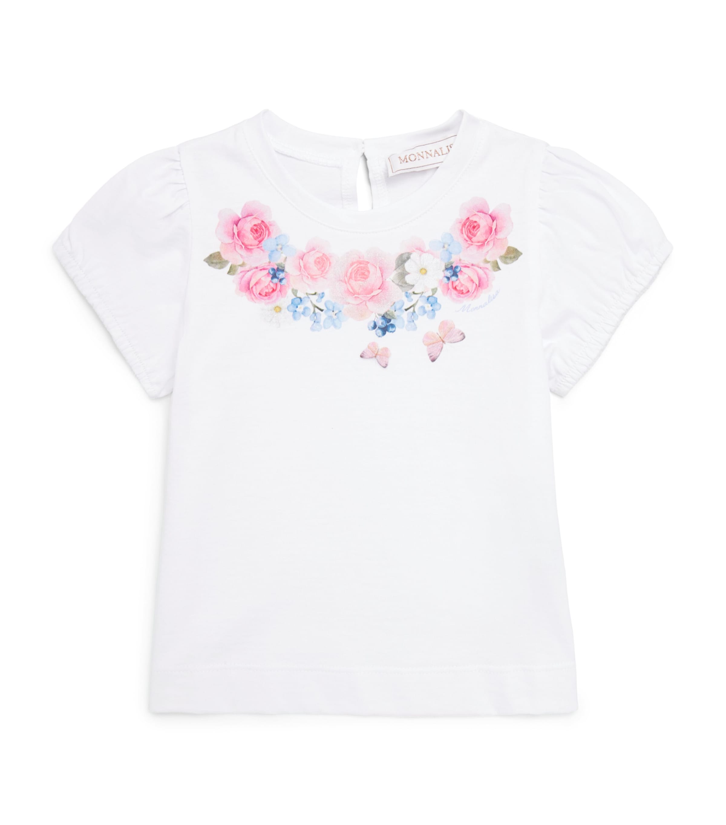 Monnalisa Cotton Glitter Flowers T-Shirt (3-36 Months) Optical White
