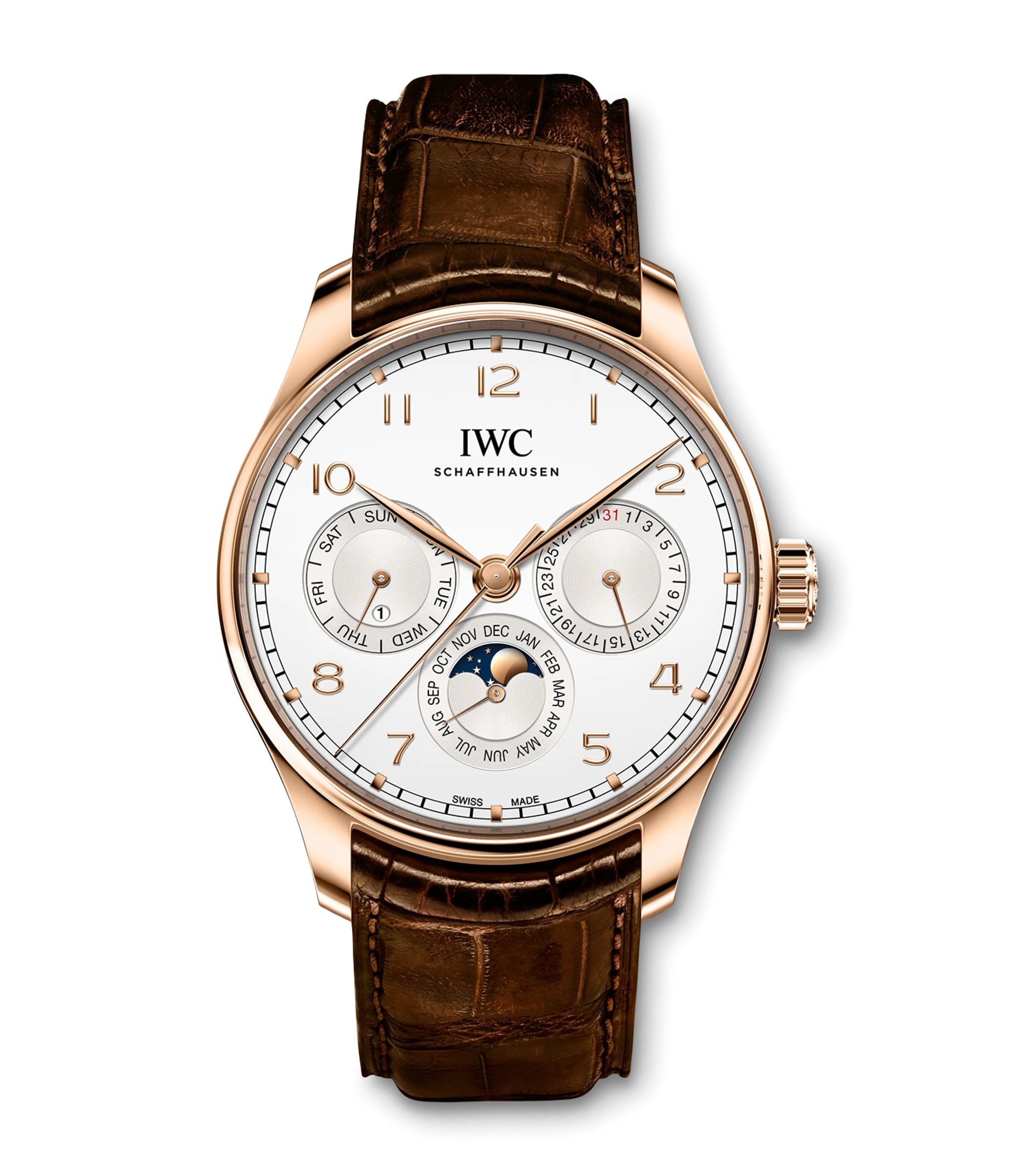 IWC Schaffhausen Rose Gold Portugieser Perpetual Calendar Watch 42mm Silver