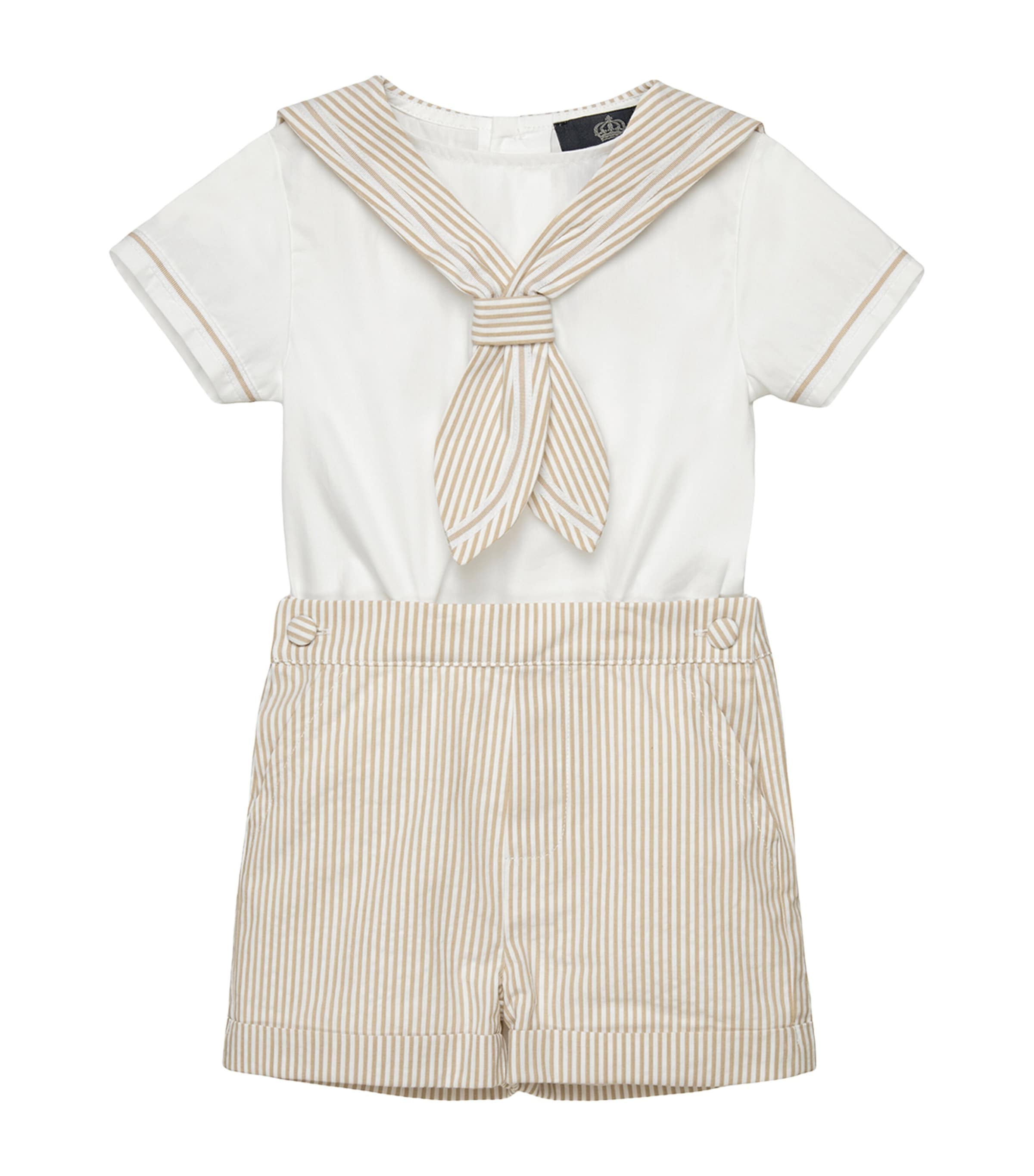 Trotters Edward Sailor Set (2-7 Years) Oatmeal Stripe/white