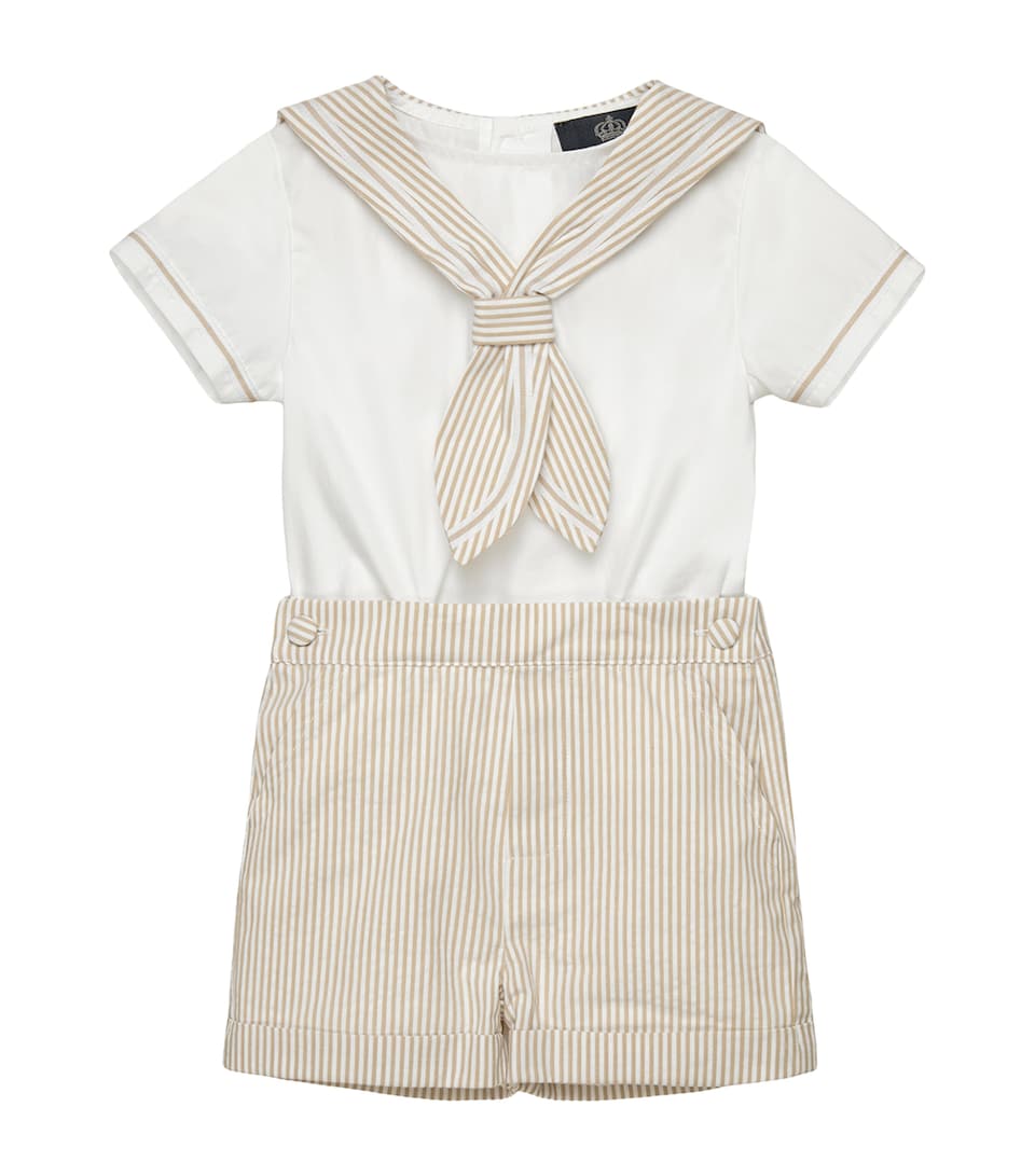 Trotters Edward Sailor Set (2-7 Years) Oatmeal Stripe/white