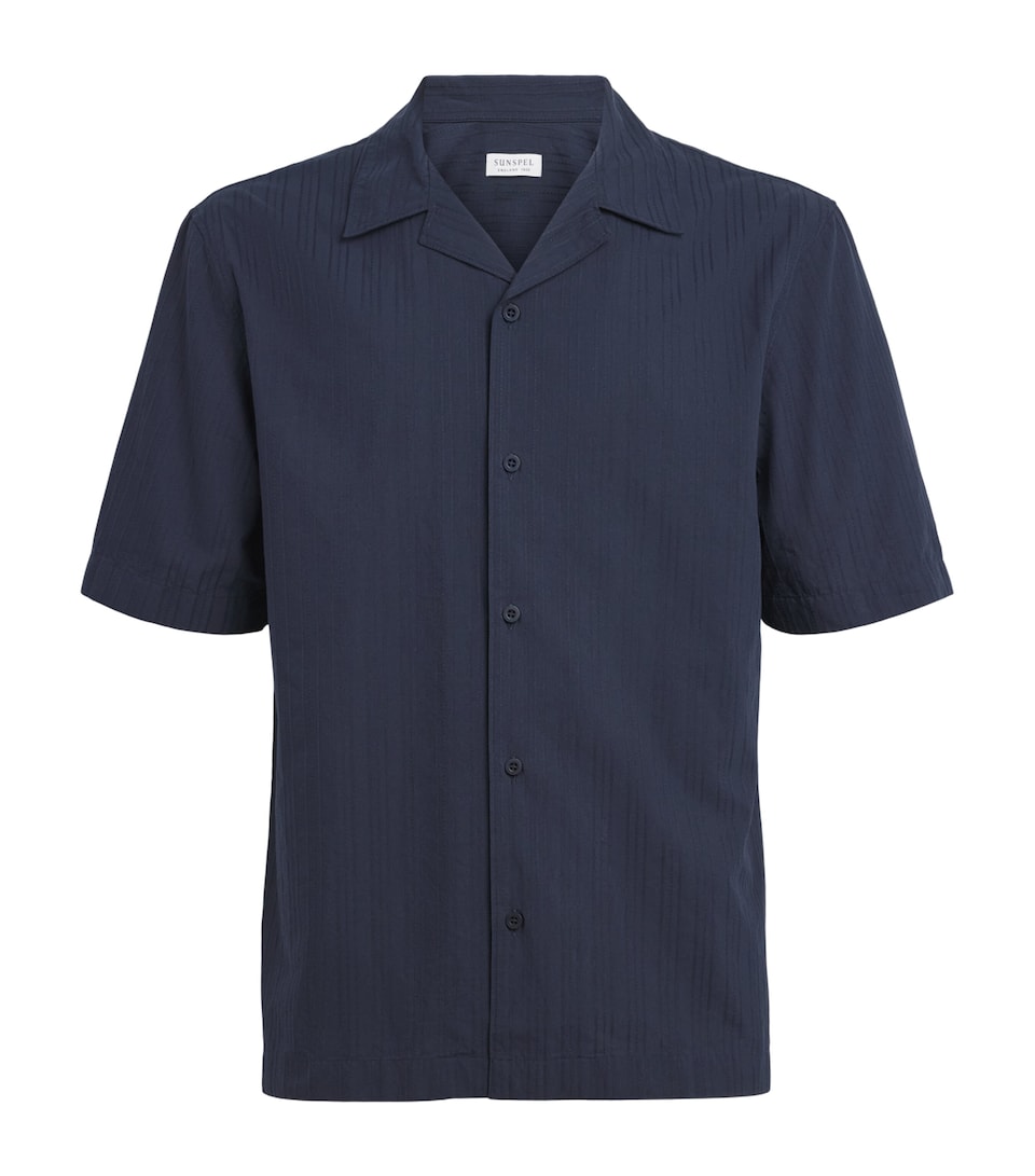 Sunspel Mens Cotton Textured Stripe Shirt Buaa Navy