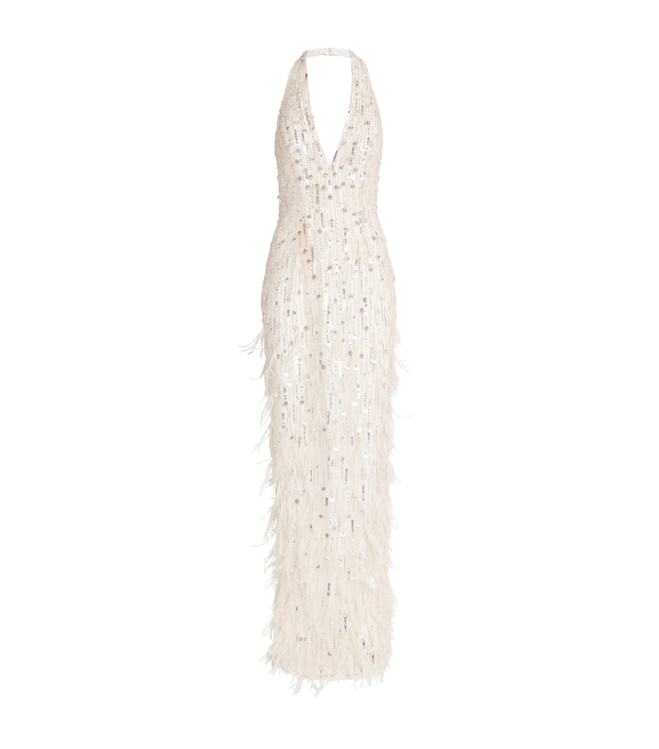 Pamella Roland Womens Feather-Trim Embellished Gown Ivory